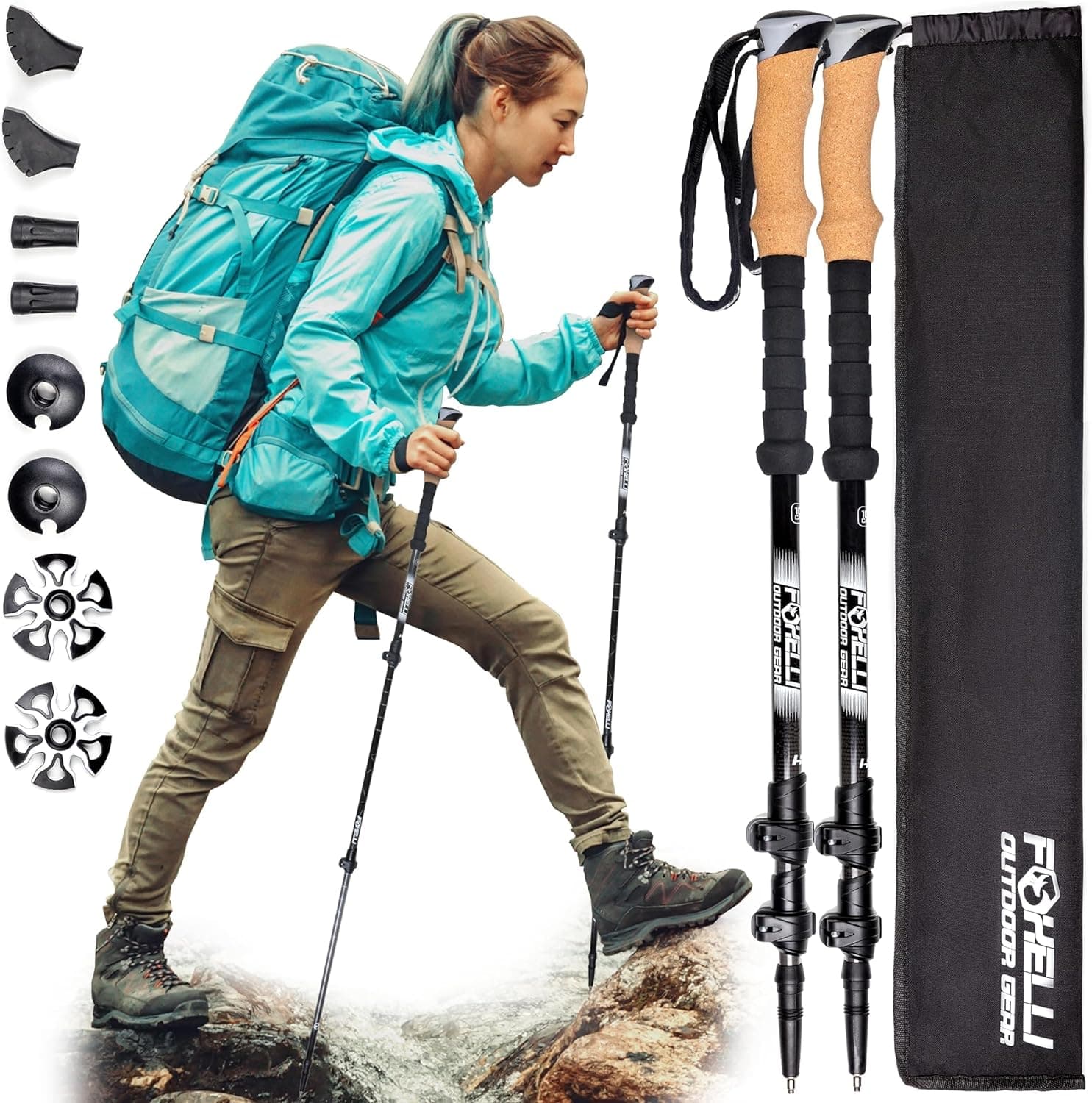 Foxelli Carbon Fiber Trekking Poles – Lightweight Collapsible Hiking Poles with Cork Grips, Lever Locks & All Terrain Accessories