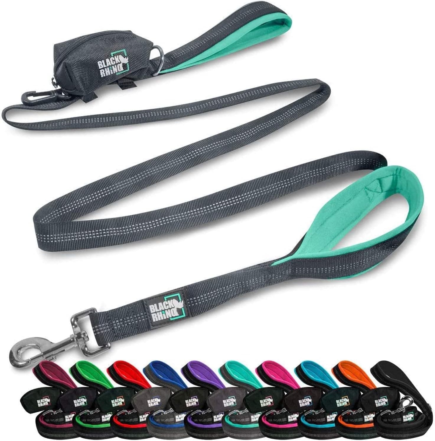 Black Rhino Heavy Duty Dog Leash for Medium and Large Dogs - 6 ft Long Double Handle Leash with Padded Traffic Control Handles and Bag for Comfort - Reflective, Durable, and Weather Resistant (Aqua)
