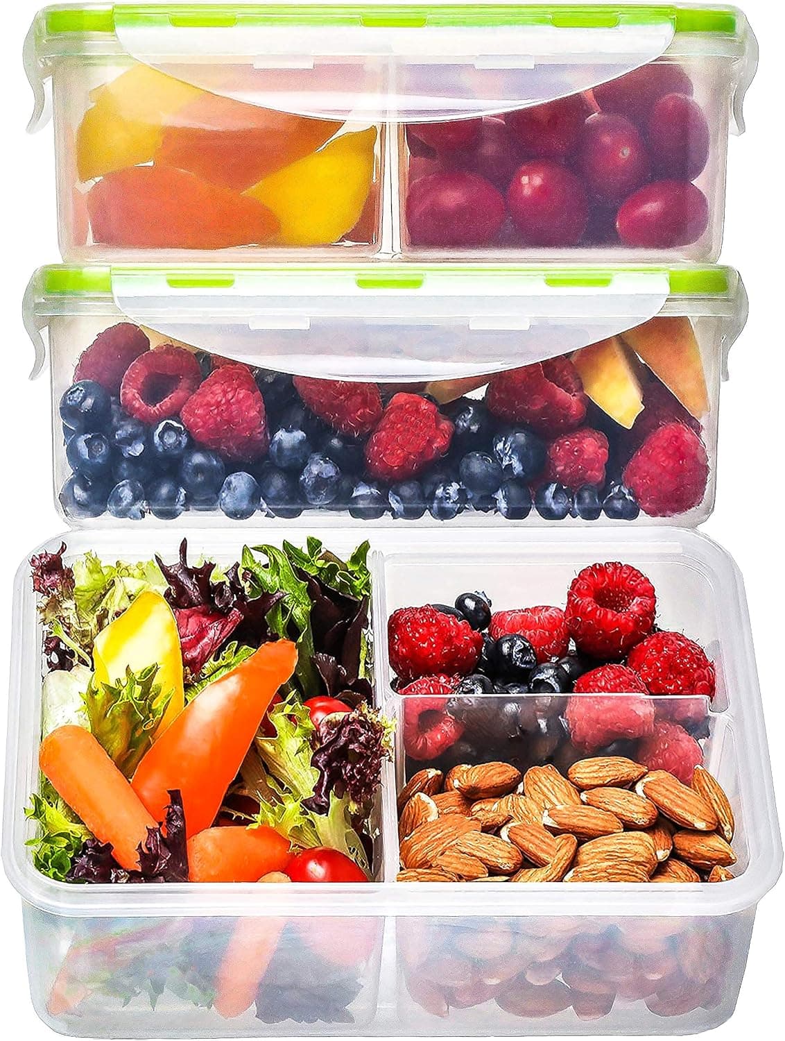 Bento Box for Kids and Adults - Reusable Lunch Box Meal Prep Containers - 3 Compartment Snack Box Container with Airtight Lid - Dishwasher, Freezer, Microwave Safe Food Snack Storage (39 oz, 3 Pack)