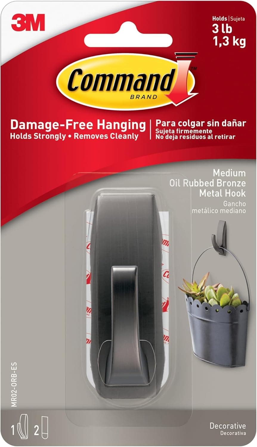 Command Medium Modern Reflections Metal Hook, Holds up to 5 lb, Oil Rubbed Bronze, 1 Wall Hook with 2 Strips, Damage-Free Hanging Hooks for Hanging Decorations in Living Spaces