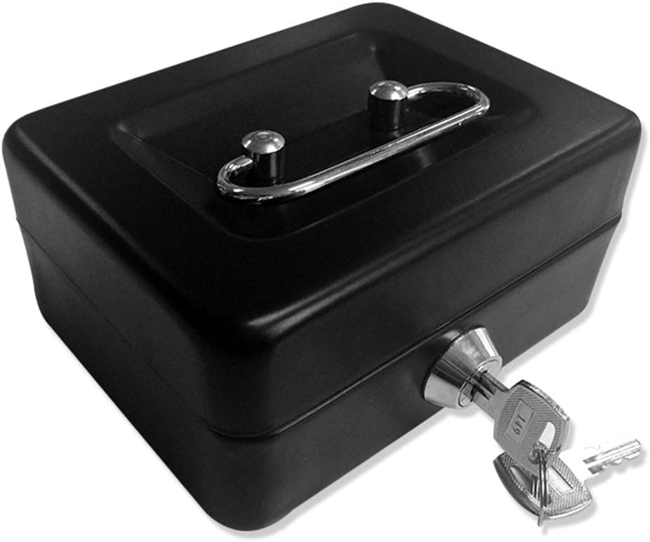 Jssmst X-Small Cash Box with Lock - Money Saving Box for Cash Coins, Small Lock Box for Medication Personal Items, 4.92'' x 3.94'' x 2.28'', Black