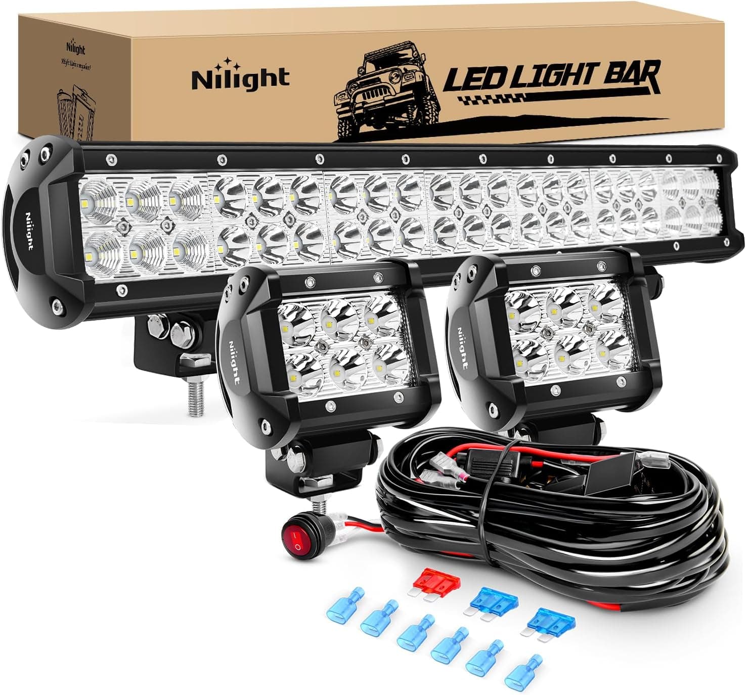 Nilight - ZH002 20Inch 126W Spot Flood Combo Off Road Led Light Bar 2PCS 18w 4Inch LED Pods With 16AWG Wiring Harness Kit-3 Lead For Tractor, 2 Years Warranty