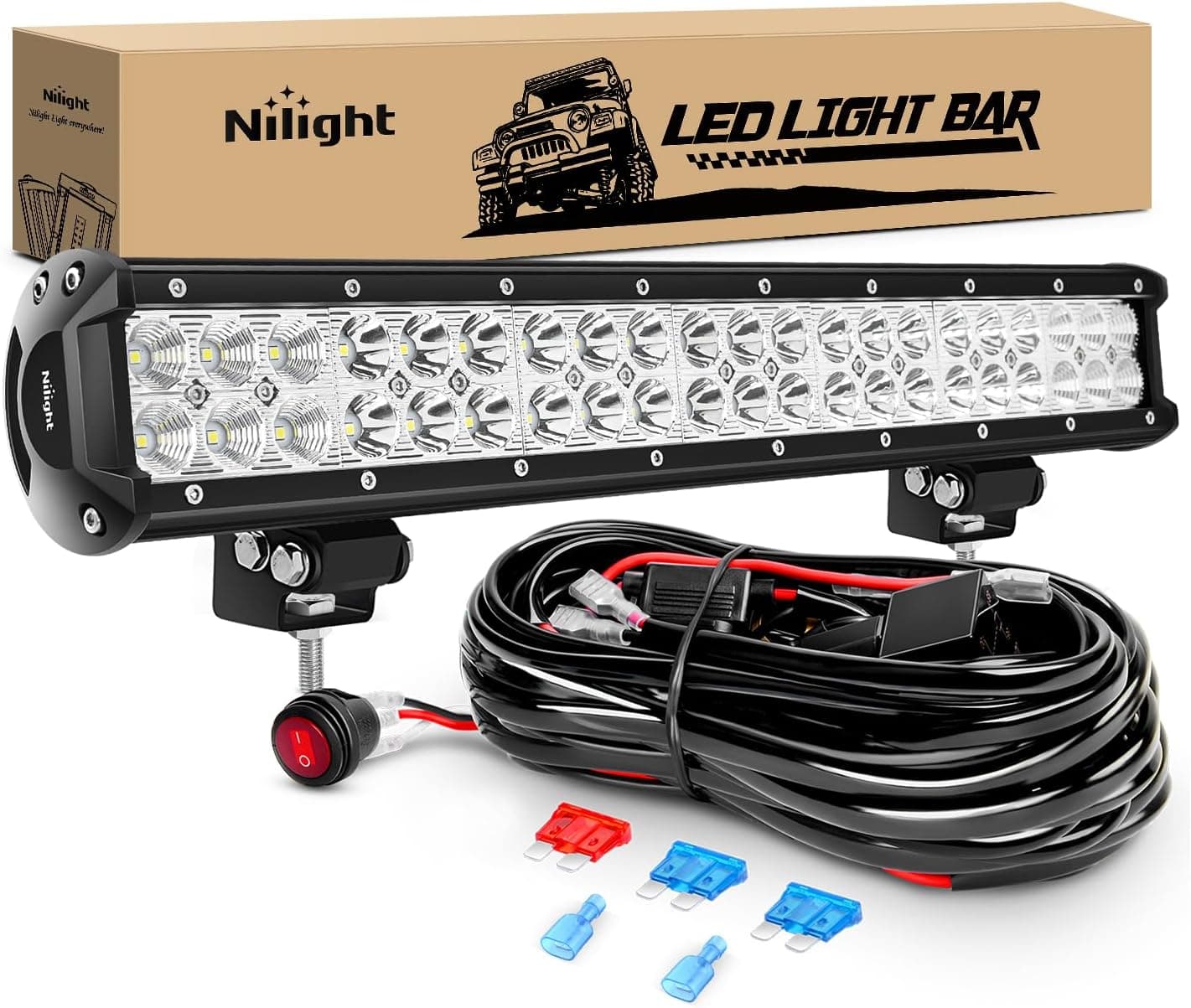 Nilight - ZH006 LED Light Bar 20 Inch 126W Spot Flood Combo Led Off Road Lights with 16AWG Wiring Harness Kit-One Lead, 2 Years Warranty