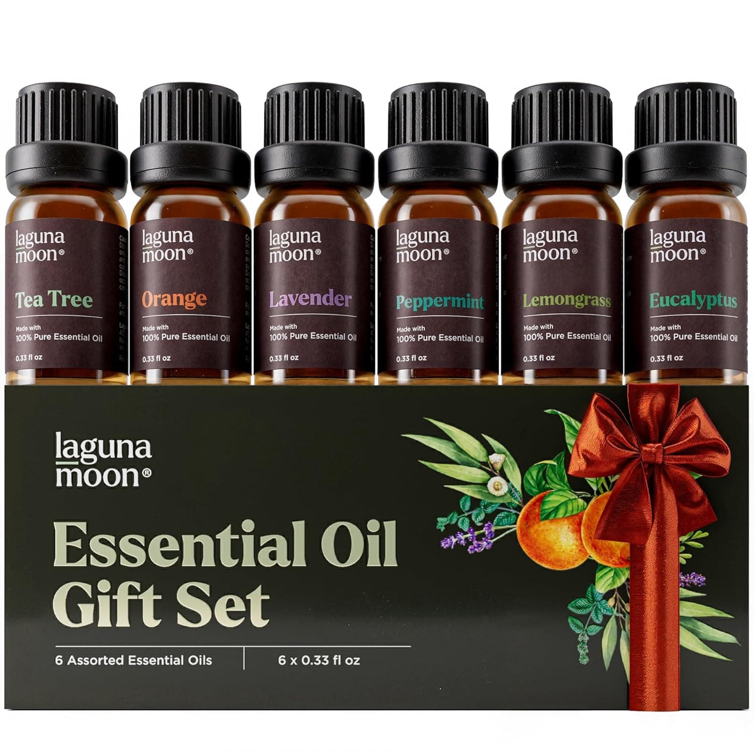 Lagunamoon Essential Oils Christmas Set - 6 Oils for Diffusers, Home Care, Candle Making Scents, Fragrance, Aromatherapy, Humidifiers, Gifts - Peppermint, Tea Tree, Lavender, Eucalyptus, Orange (10mL)
