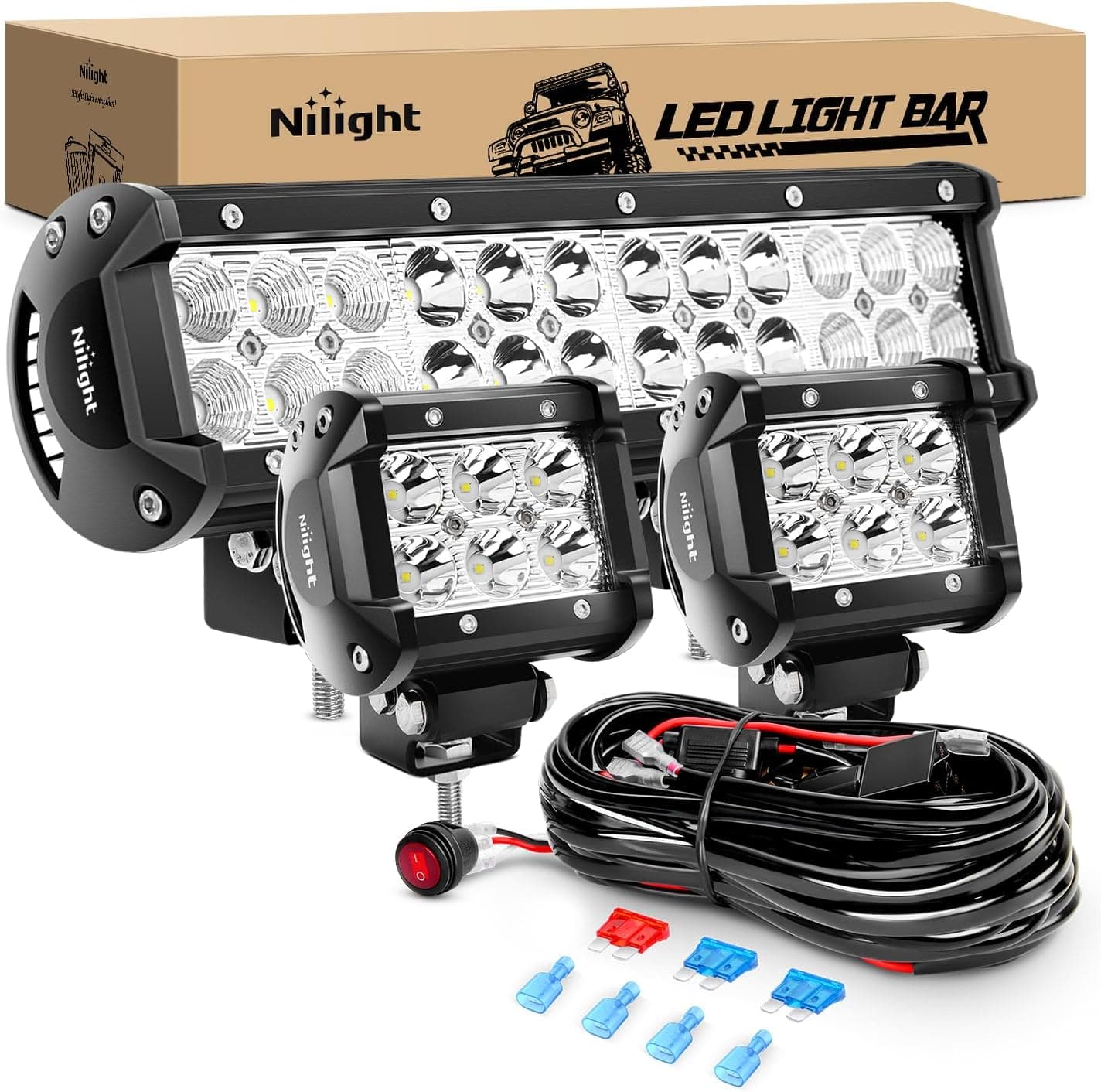 Nilight 12 Inch 72W Spot Flood Combo Led Light Bar 2Pcs 4Inch 18W Flood LED Pods Fog Lights Off Road with Wiring Harness Kit-3 Leads for Van Camper Car Pickup Golf Cart ATV UTV SUV Truck Boat 4x4
