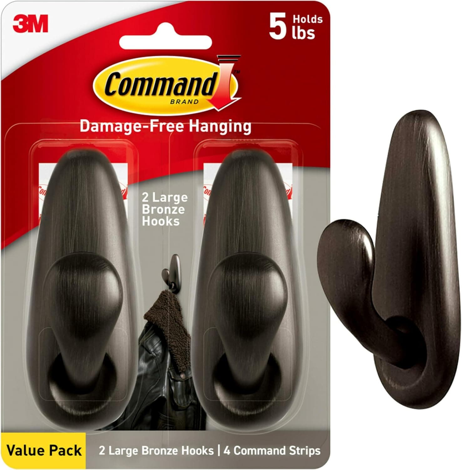 Command 5 lb Large Oil Rubbed Bronze Metal Hooks, 2 Coat Hooks and 4 Strips, Damage-Free Hanging with Adhesive, Forever Classic Great for Christmas Decorations