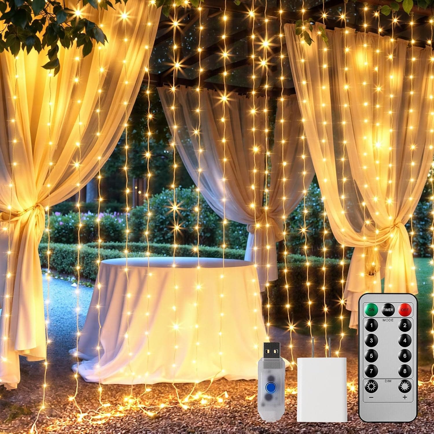 Brightown 300 LED Curtain String Lights, 9.8 FT Hanging Fairy Lights with Remote, 8 Modes, Waterproof Window Lights for Bedroom Backdrop Wedding Outdoor Party Christmas Decorations(Not Connectable)