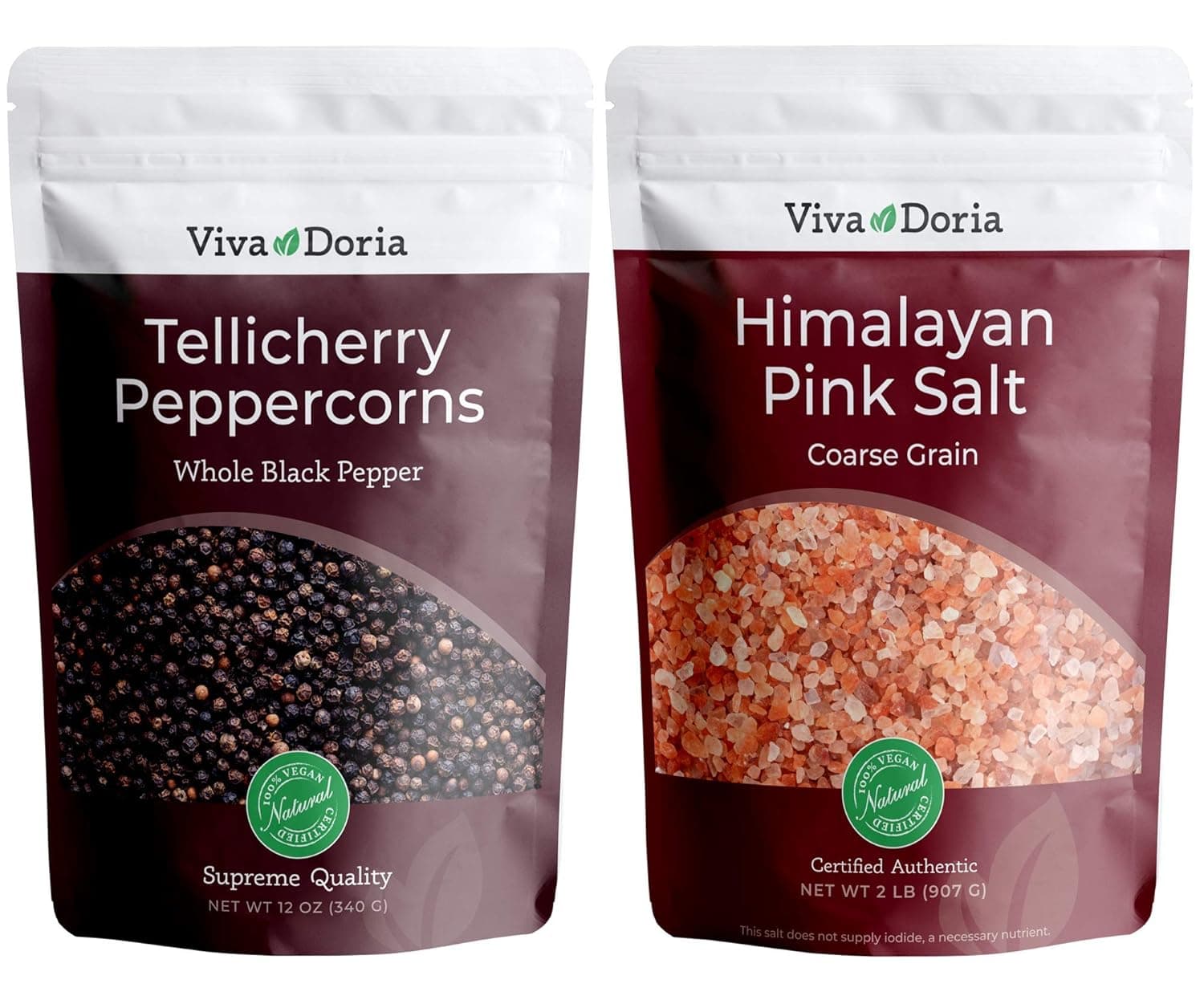 Viva Doria Tellicherry Whole Black Peppercorns, 12 oz & Himalayan Pink Salt, Coarse Grain, 2 lb | Salt and Pepper Combo, For Grinder Refills, 2 Piece Set