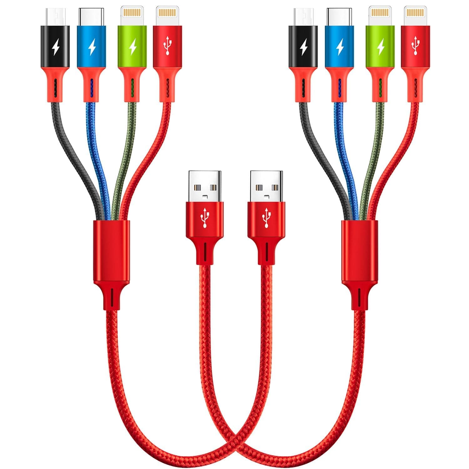 Short Multi Charging Cable, 1Ft/2Pack Multi Charging Cord, 4 in 1 Multiple USB Charger Cable,Fast Charging with IP/Type C/Micro USB Ports for Cell Phones/iPhone Series/Tablets/Galaxy/PS and More