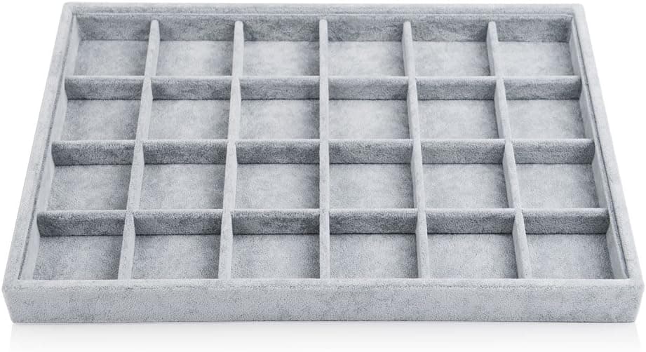 Oirlv 24 Grid Ice Velvet Jewelry Drawer Organizer Tray Stackable Jewelry Trays Removable Dividers for Rings Earring Storage Display