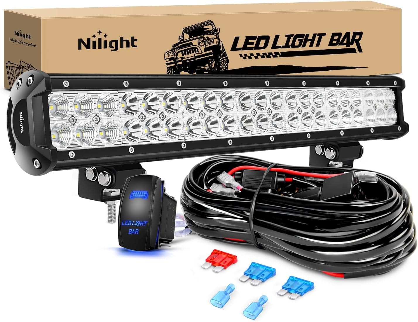 Nilight LED Light Bar 20 Inch 126W Spot Flood Combo Led Off Road Lights 12V 5Pin Rocker Switch LED Light Bar Wiring Harness Kit, 2 Years Warranty, Model: ZH082, Clear