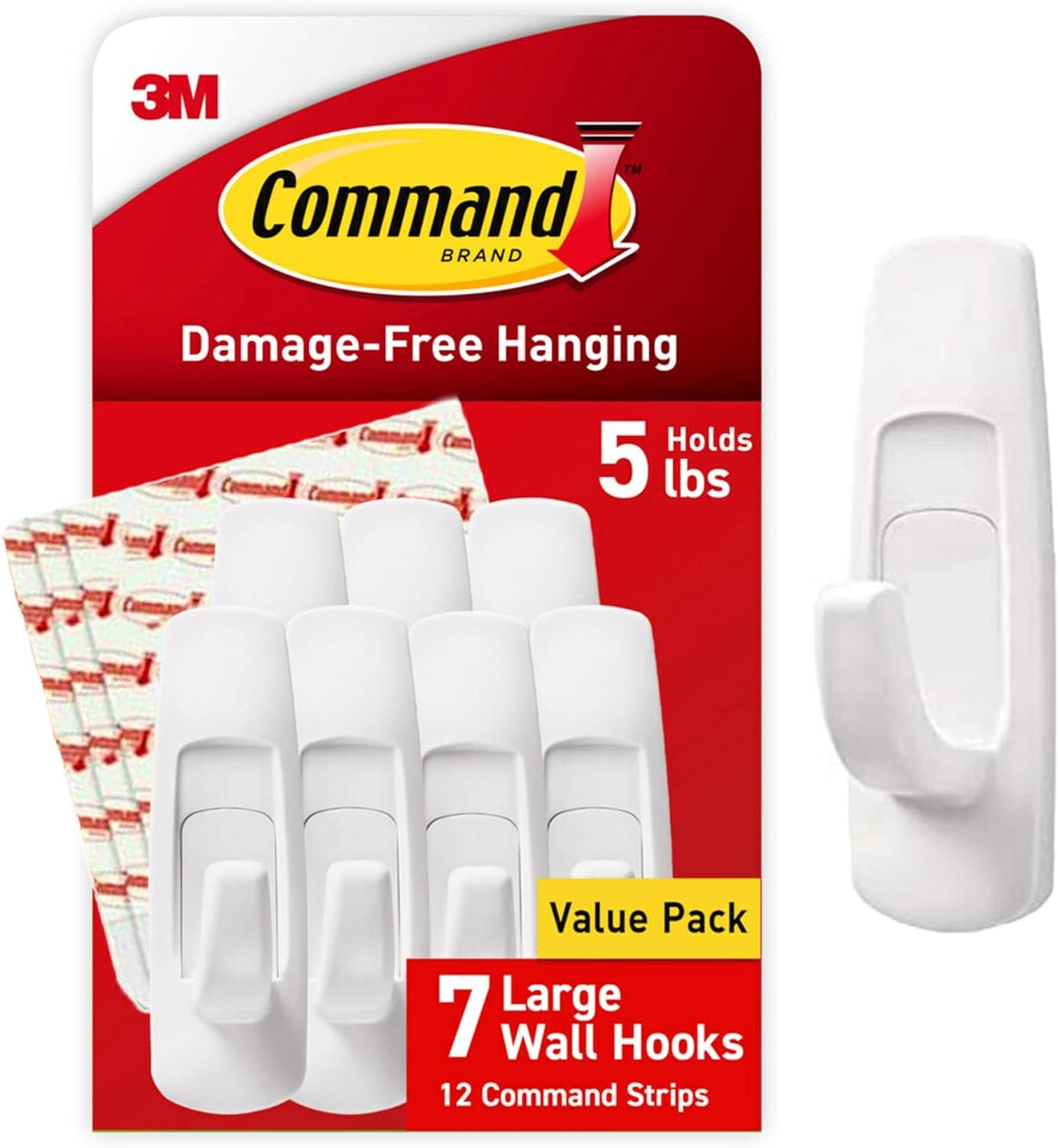 Command 5 lb Large Utility Hooks, 7 Wall Hooks and 12 Strips, Damage Free Hanging with Adhesive Strips, No Tools for Hanging, Organization and Storage