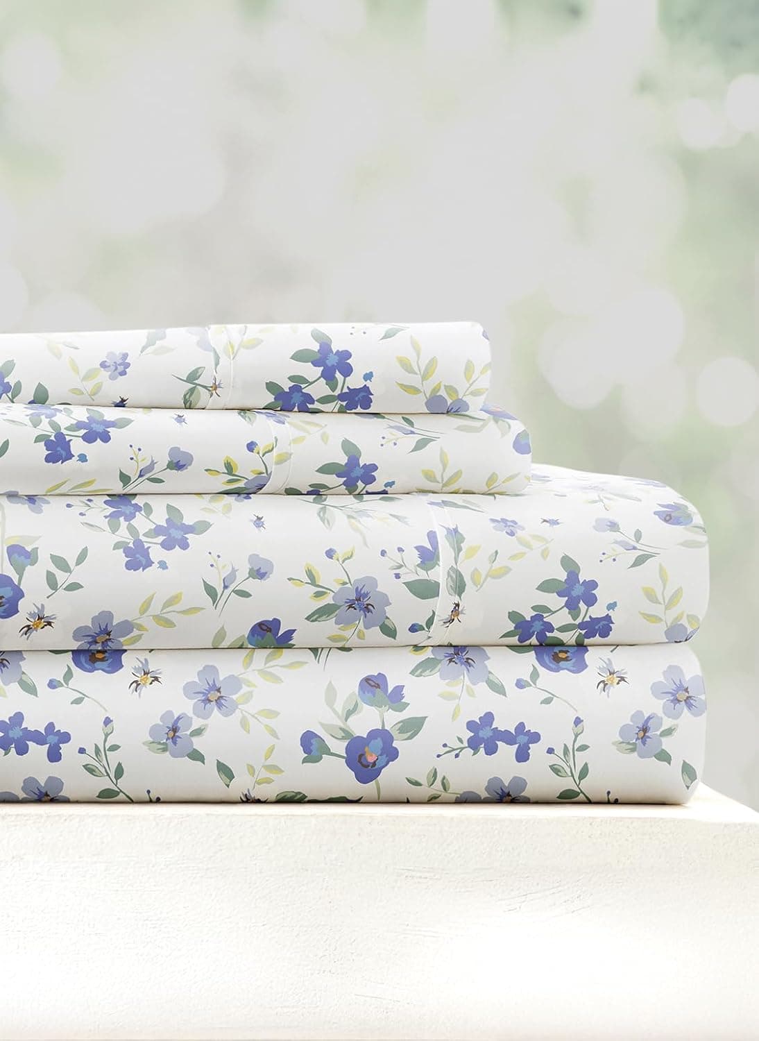 Linen Market 4 Piece Queen Sheet Set - Breathable, Double-Brushed Patterned Cooling Sheets – Oeko-TEX Certified Ultra Soft & Wrinkle-Free 16" Deep-Pocket Queen Sheets - Easy Care Blossoms Light Blue