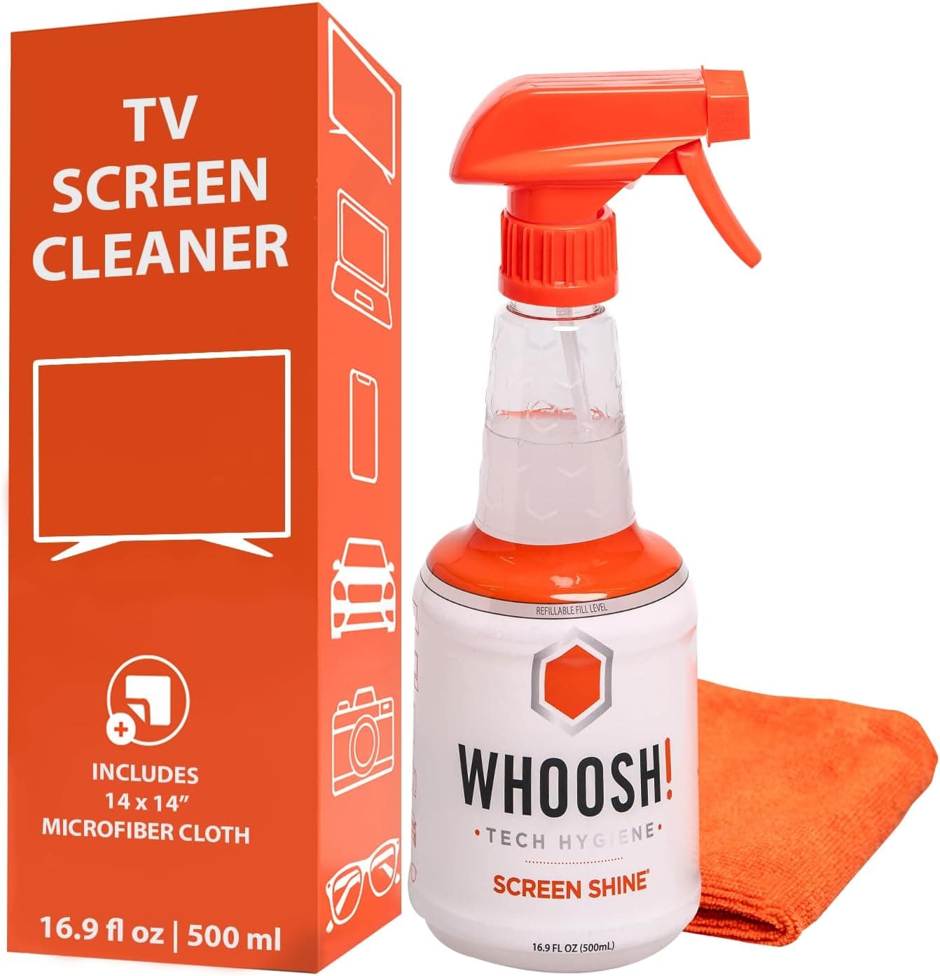 WHOOSH! Pro 16.9 fl oz Refillable TV Screen Cleaner & Microfiber Cloth - Streak-Free Cleaner for Flat Screens, OLED, LCD, Smart TV, Monitors - Non-Toxic, Odorless - Electronics Cleaning Kit