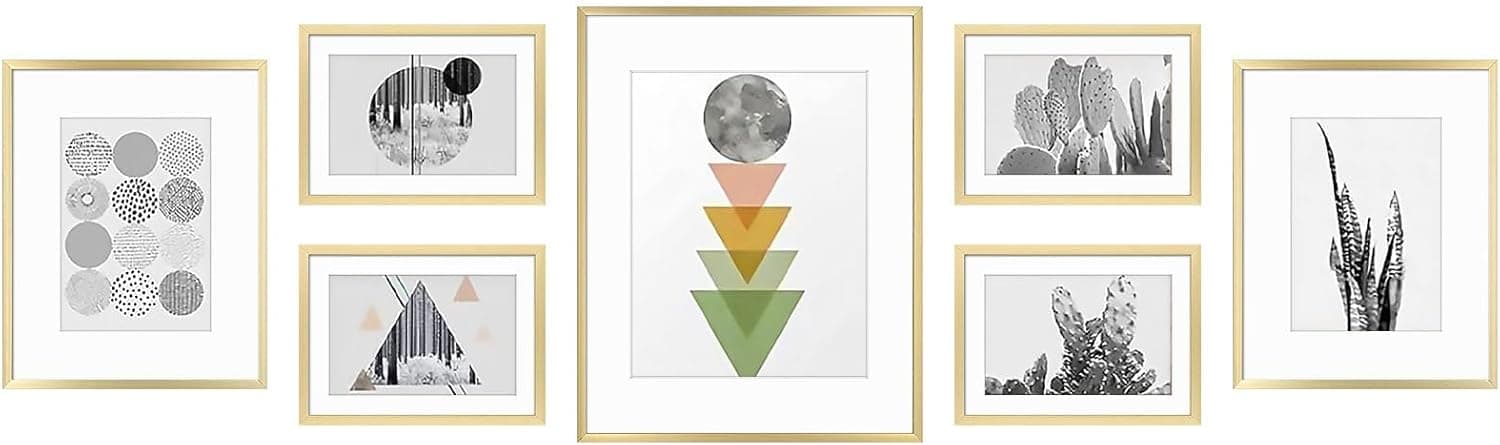 Golden State Art, Aluminum Gallery Wall Frame Set of 7 - Includes One 11x14, Two 8x10, and Four 5x7 - Metal Frames with Mat & Real Glass Cover for Elegant Home or Office Decor (Style 2, Gold)