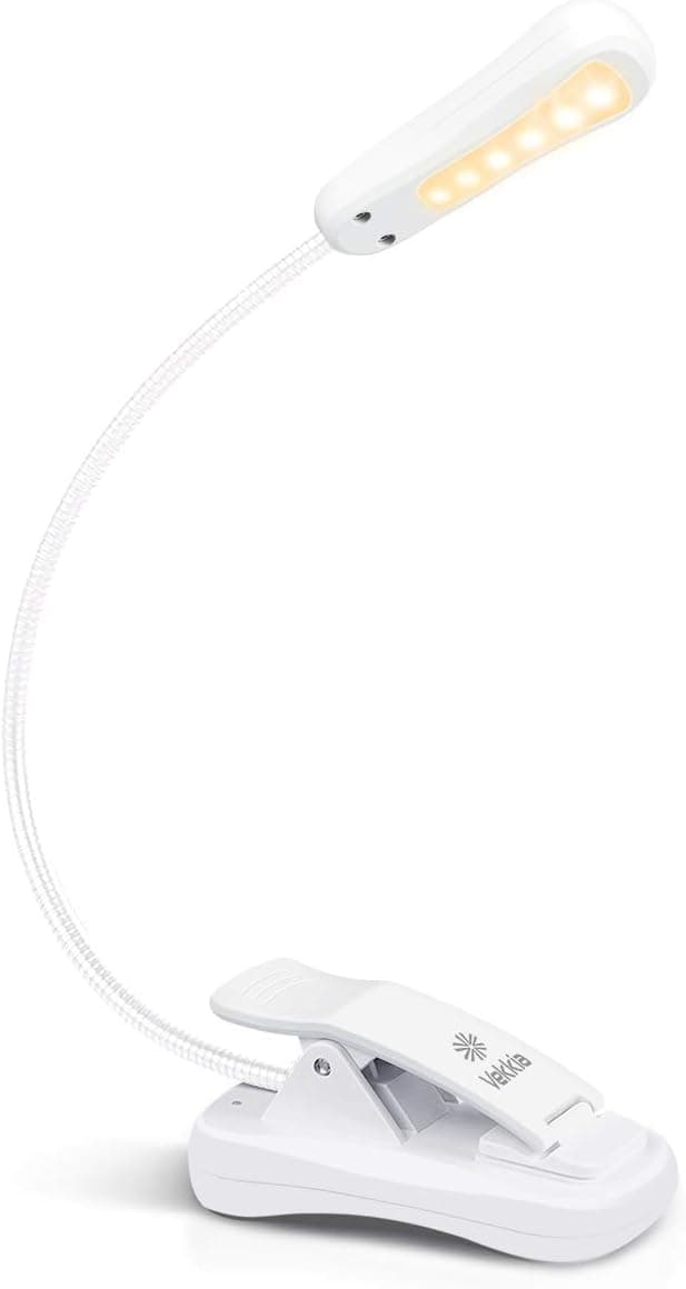 Vekkia 3000K Warm LED Rechargeable Book Light, Easy for Eyes, Clip on Reading Lights for Reading in Bed, Car & Travel, Lightweight Slim 2.1 oz. Perfect for Readers (Elegant White)