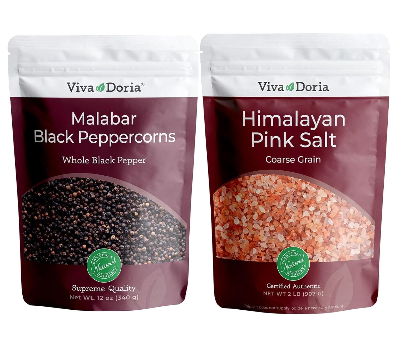 Viva Doria Malabar Whole Black Peppercorns, 12 Oz & Himalayan Pink Salt, Coarse Grain, 2 lb | Mineral Salt & Whole Black Pepper | Combo Pack | Grinder Refill Pack | Refills for Grinders