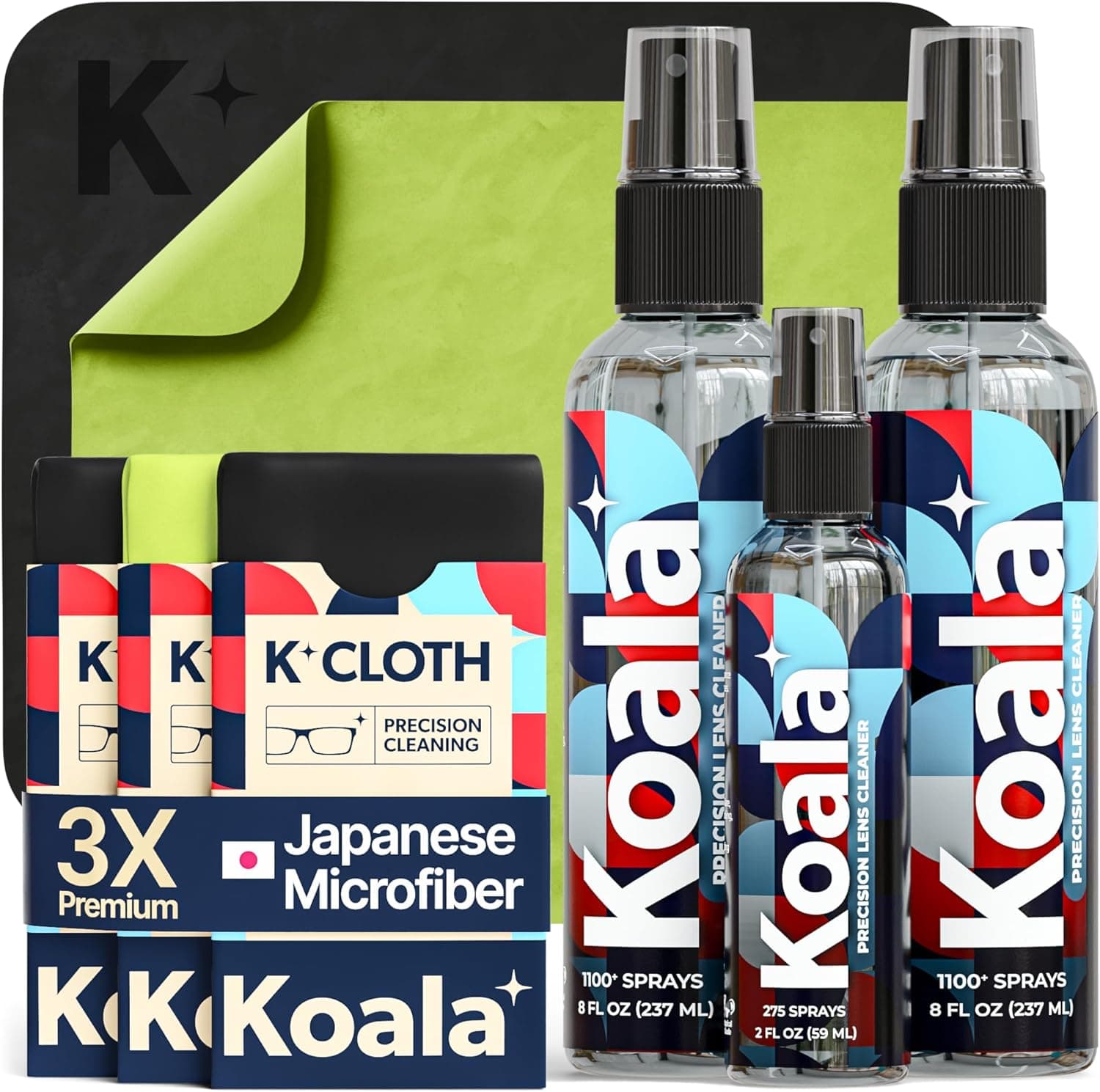 Koala Eyeglass Lens Cleaner Spray Kit | (2x) 8oz + (1x) 2oz Glasses Cleaner Bottle + (3x) Microfiber Cloth | Alcohol Free Eyeglasses, Screen, and Camera Cleaning Kit (6 Piece Set)