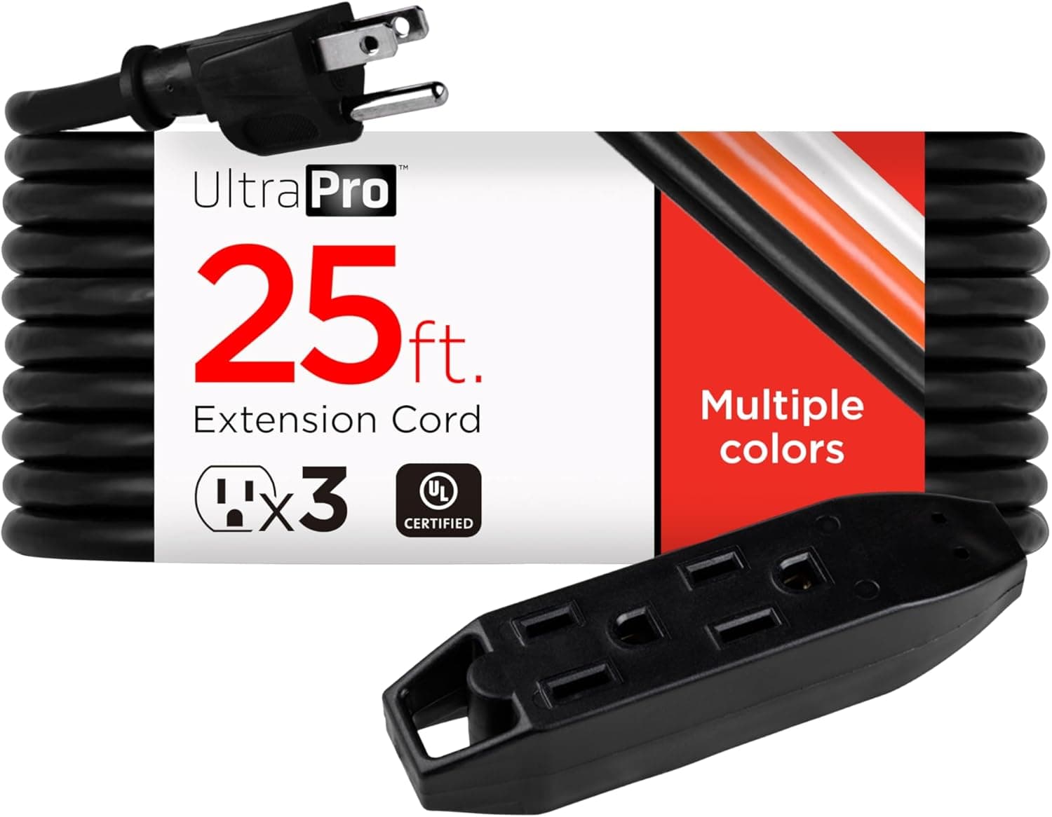 UltraPro 25 Ft Outdoor Extension Cord 3 Outlet Extension Cords Outlet Power Strip Long Extension Cord with Multiple Outlets Grounded Heavy Duty Extension Cord 16 Gauge UL Listed Black 36825-T1