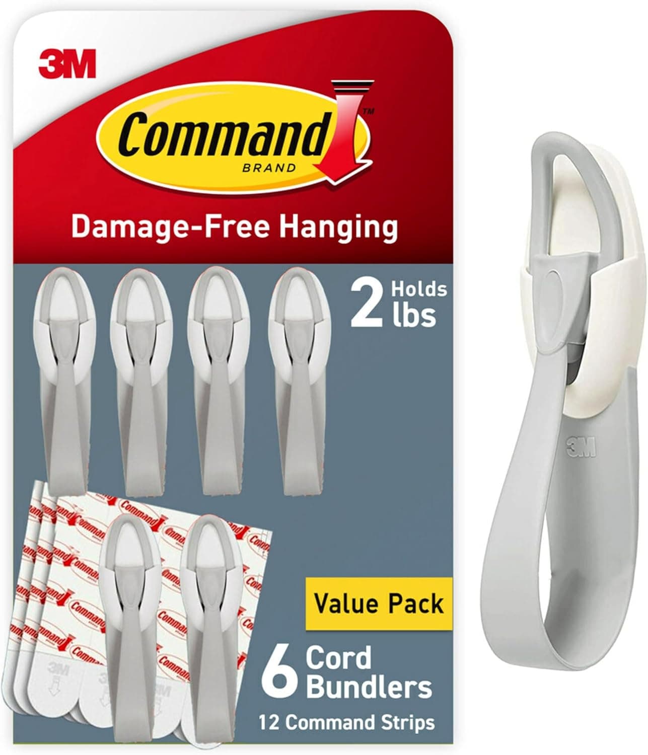 Command Cord Bundlers, Damage-Free Hanging Cord Organizer, No Tools Cord Bundler for Hanging Electrical Cables of Christmas Decorations, 6 Gray Cord Bundlers and 12 Strips