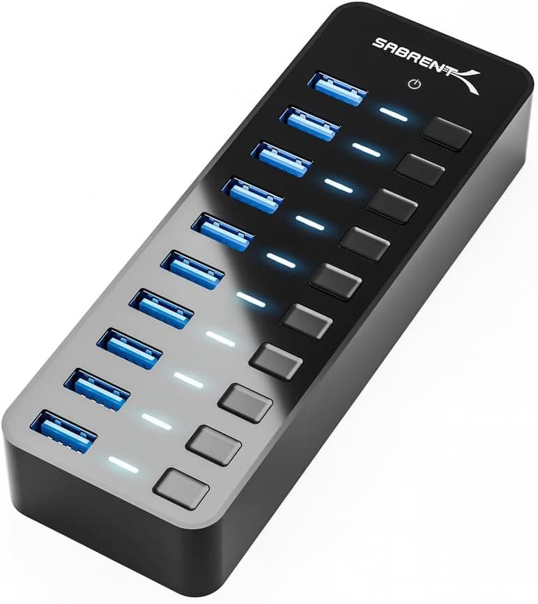 SABRENT 10-Port 60W USB 3.0 Hub with Individual Power Switches and LEDs, Includes 60W 12V/5A Power Adapter (HB-BU10)