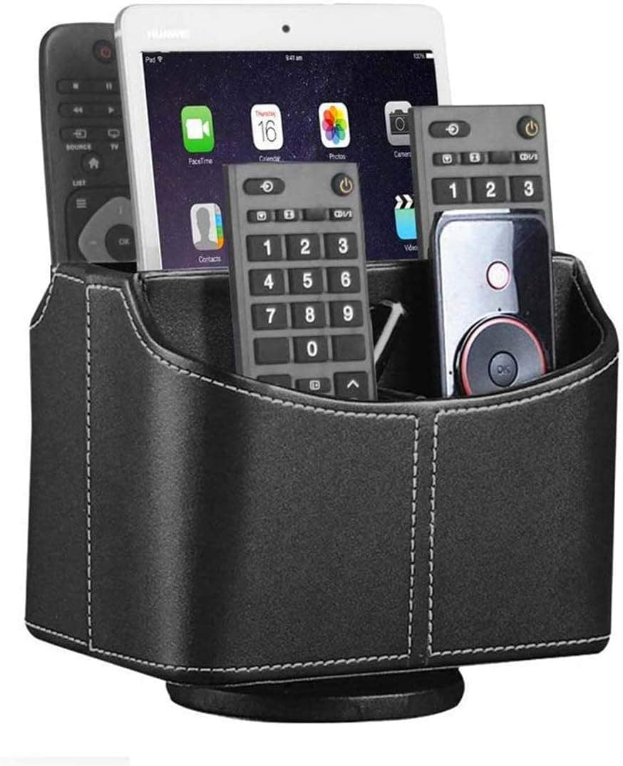 YAPISHI Leather Remote Control Holder, 360 Degree Spinning Desk TV Remote Caddy/Box,Bedside Table Organizer for Controller, Media, Mail, Calculator, Mobile Phone and Pen Storage