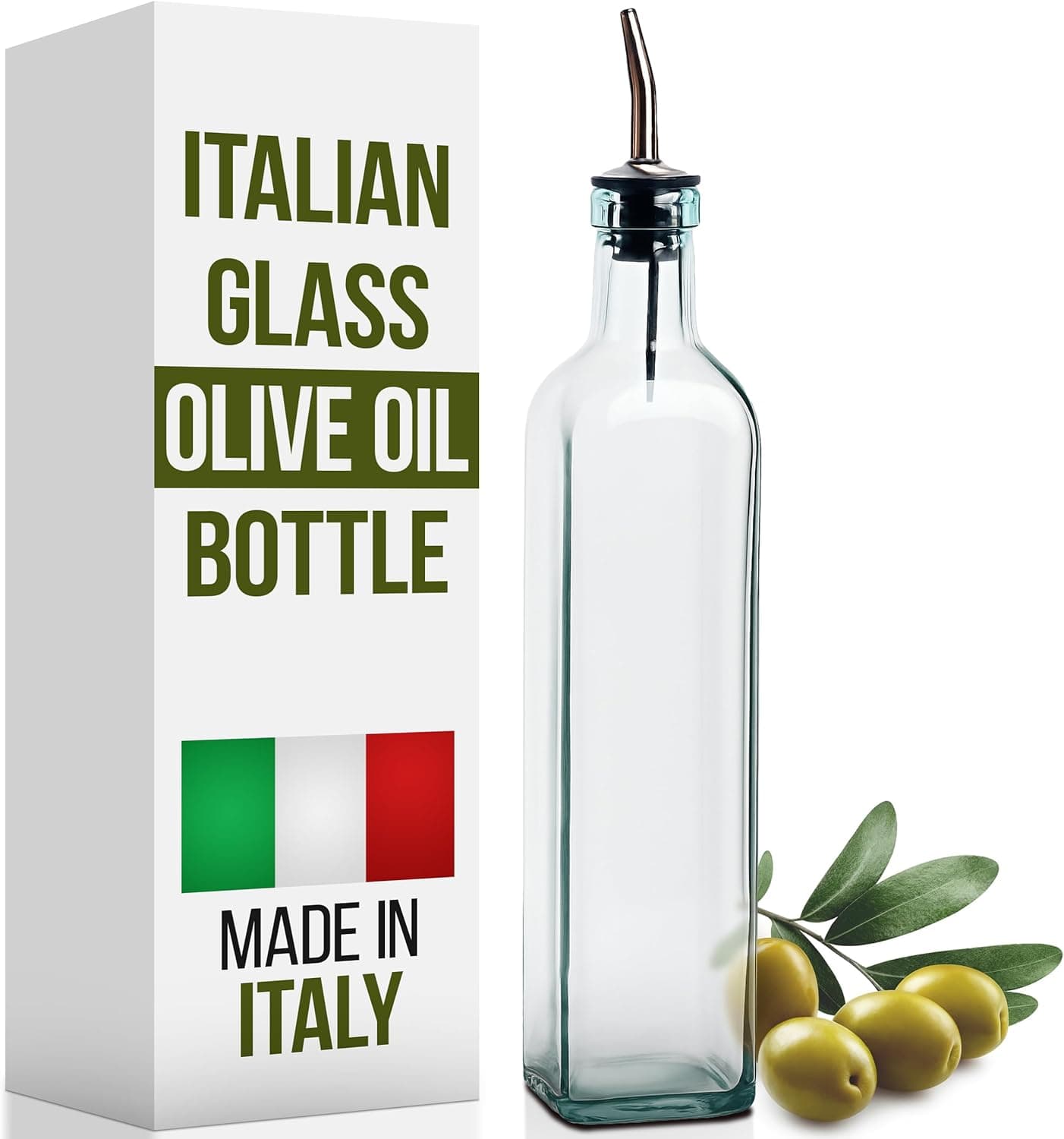 EHOMEA2Z Italian Glass Olive Oil Dispenser Bottle - 16 Oz, Oil and Vinegar Cruet with Stainless Steel Spout for Kitchen, Slight Green Tint (1, 473ml)