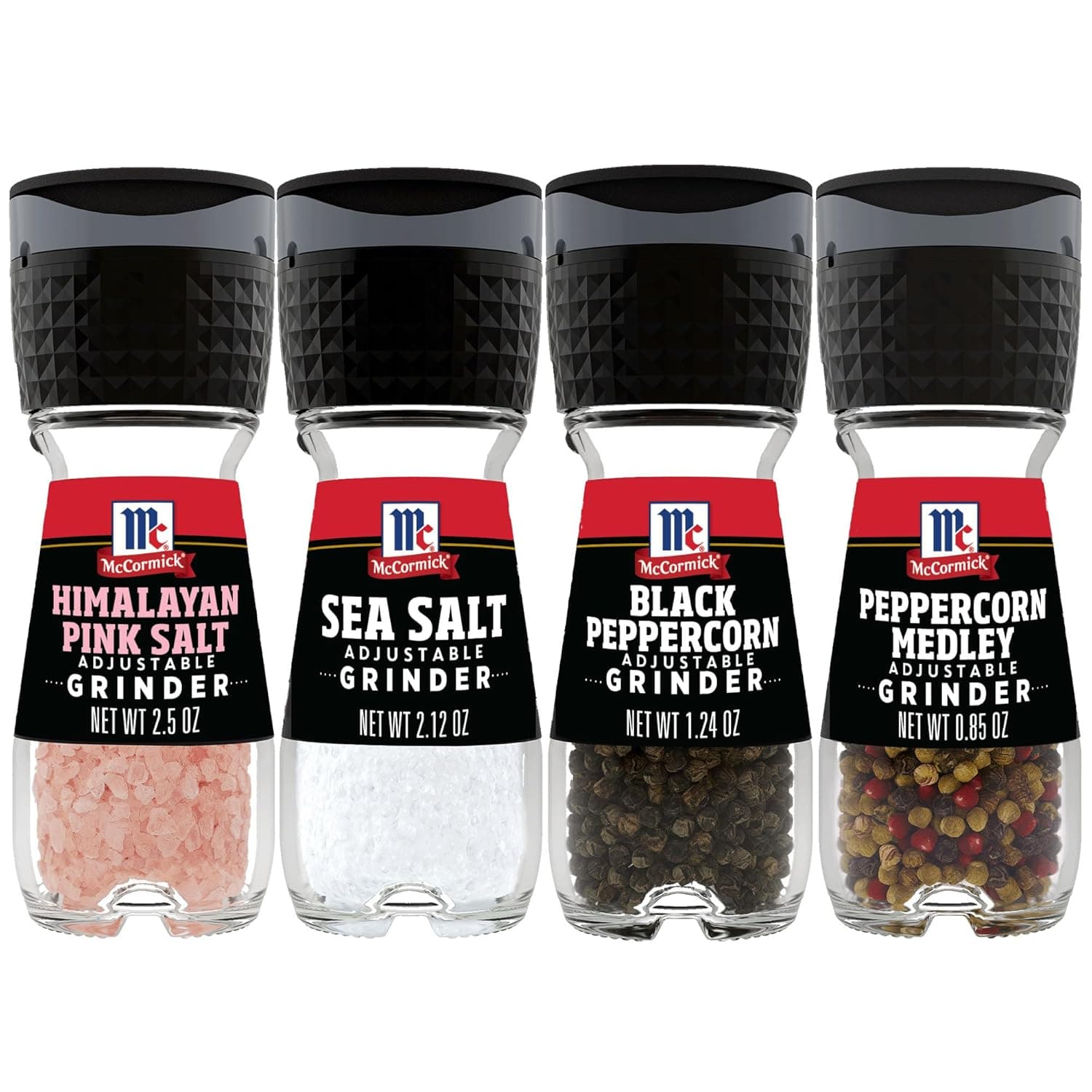 McCormick Salt & Pepper Grinder Variety Pack, Himalayan Pink Salt, Sea Salt, Black Peppercorn, and Peppercorn Medley, 6.47 oz