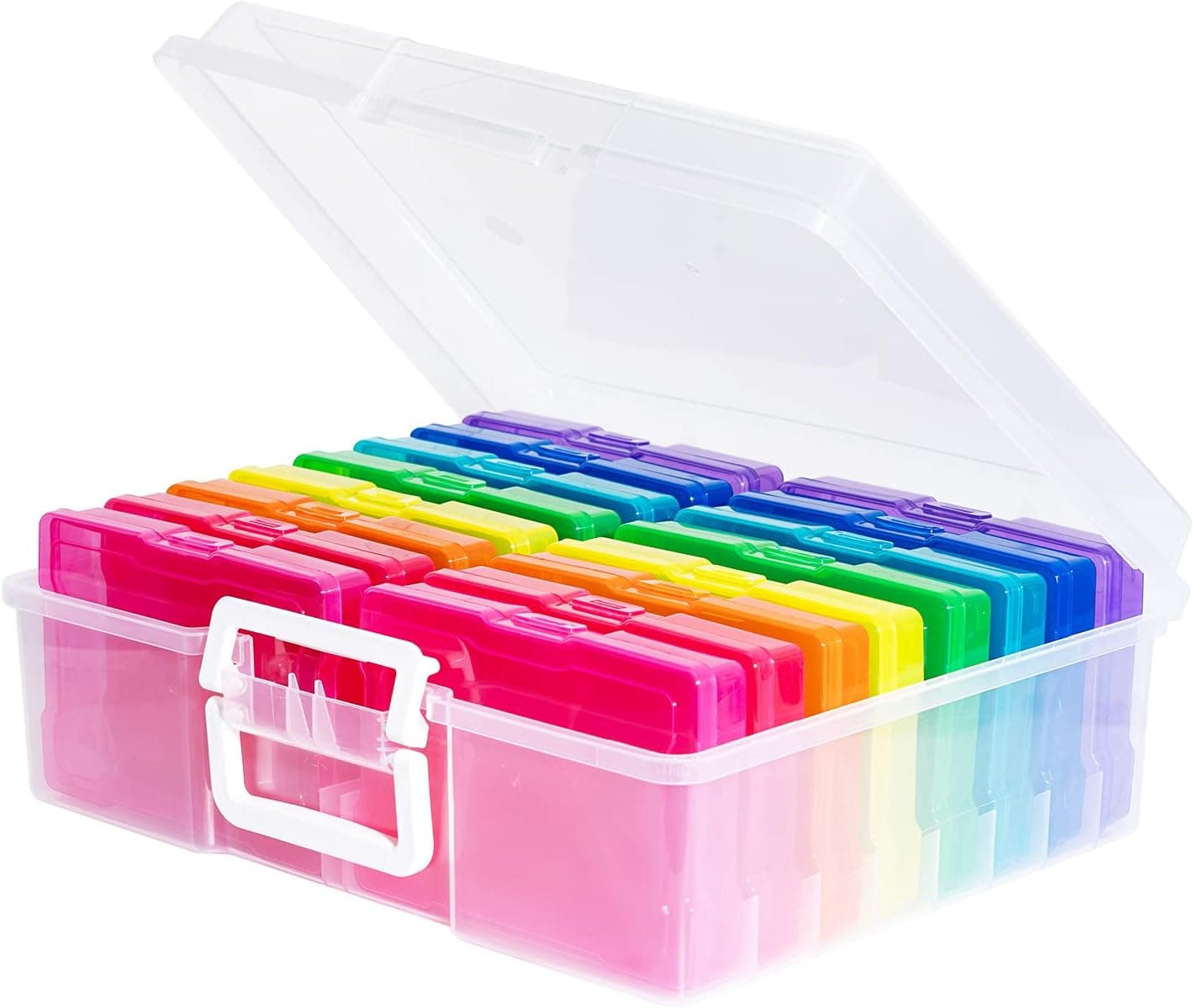 novelinks Transparent 4" x 6" Photo Cases and Clear Craft Keeper with Handle, 16 Inner Photo Organizers & Photo Storage Box, Plastic Photo Storage Containers (Multi-colored)