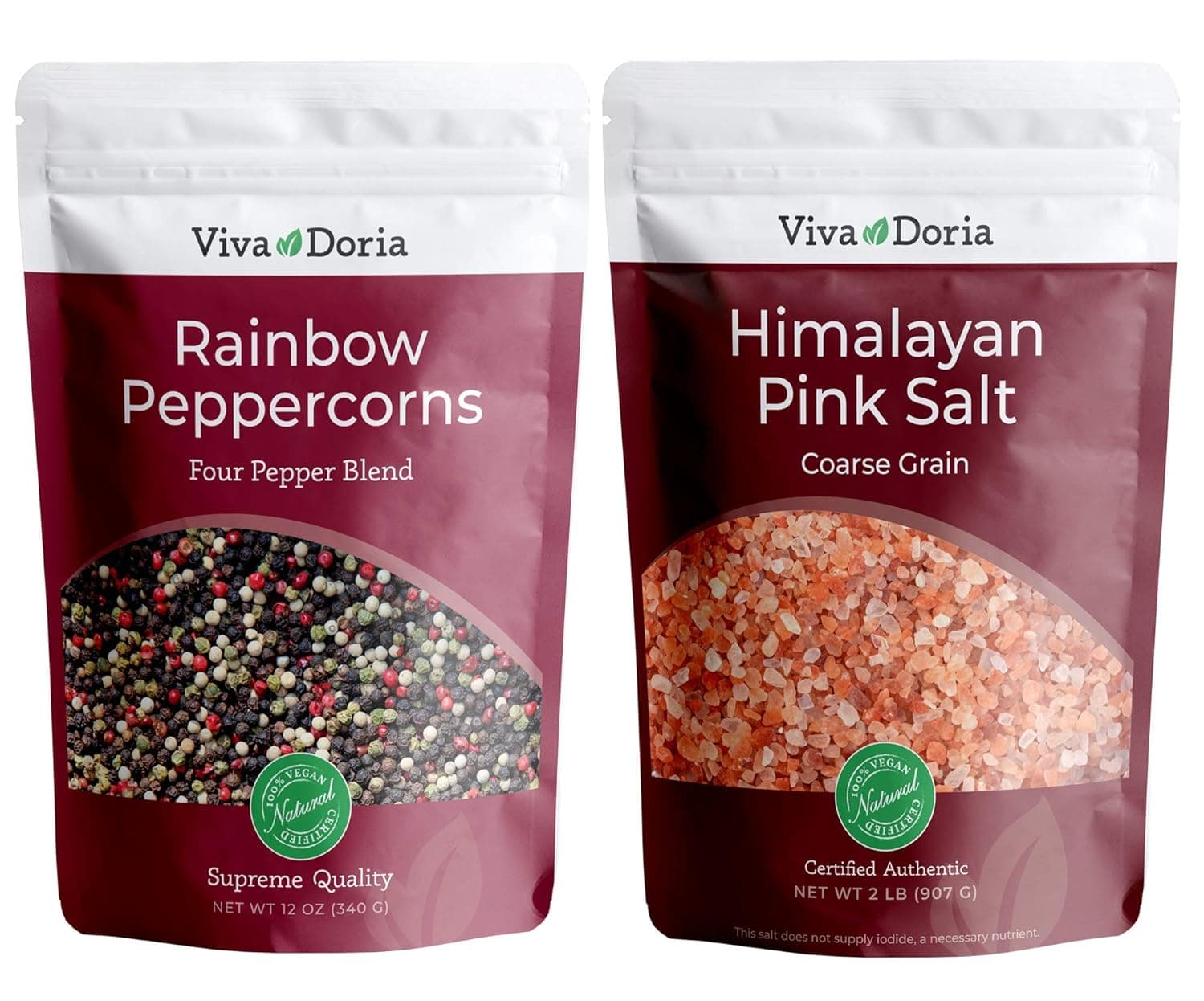 Viva Doria Rainbow Peppercorns Blend 12 oz & Himalayan Pink Salt, Coarse Grain, 2 lb – Steam Sterilized Mixed Whole Peppercorns and Coarse Salt for Grinder Refills, 2-Set Combo Pack