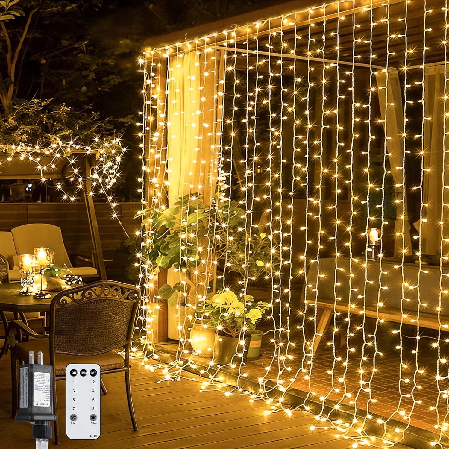 JMEXSUSS 300 LED Remote Control Christmas Curtain Lights, Plug in Fairy Curtain Lights Outdoor, Window Wall Hanging String Lights for Bedroom Backdrop Wedding Party Indoor Patio Xmas Decor, Warm White