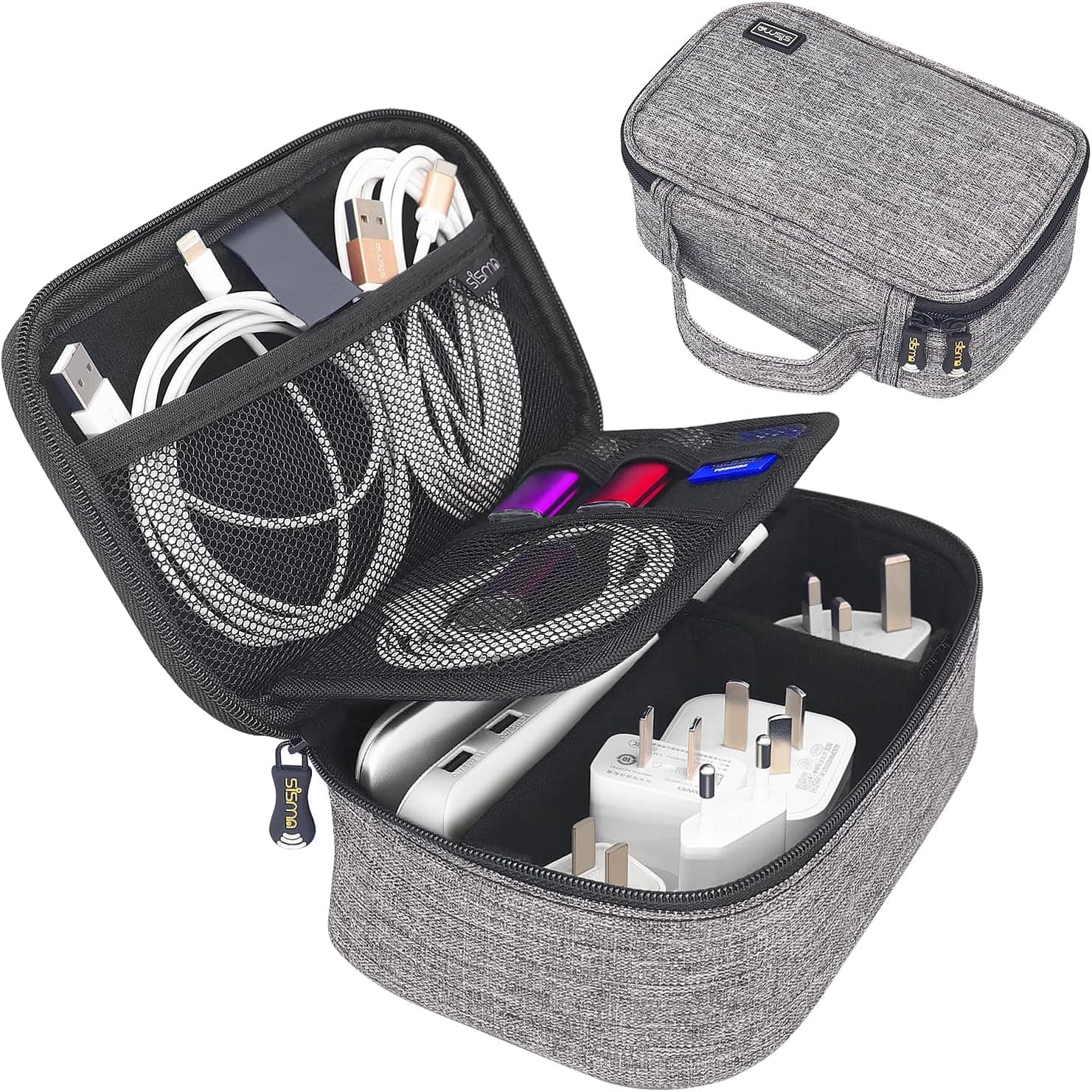 sisma Electronics Cords Organizer Tech Accessories Storage Case Travel Small Carrying Bag for Charging Cables Adapter USB Plugs Power Cord Leads - Grey 1680d