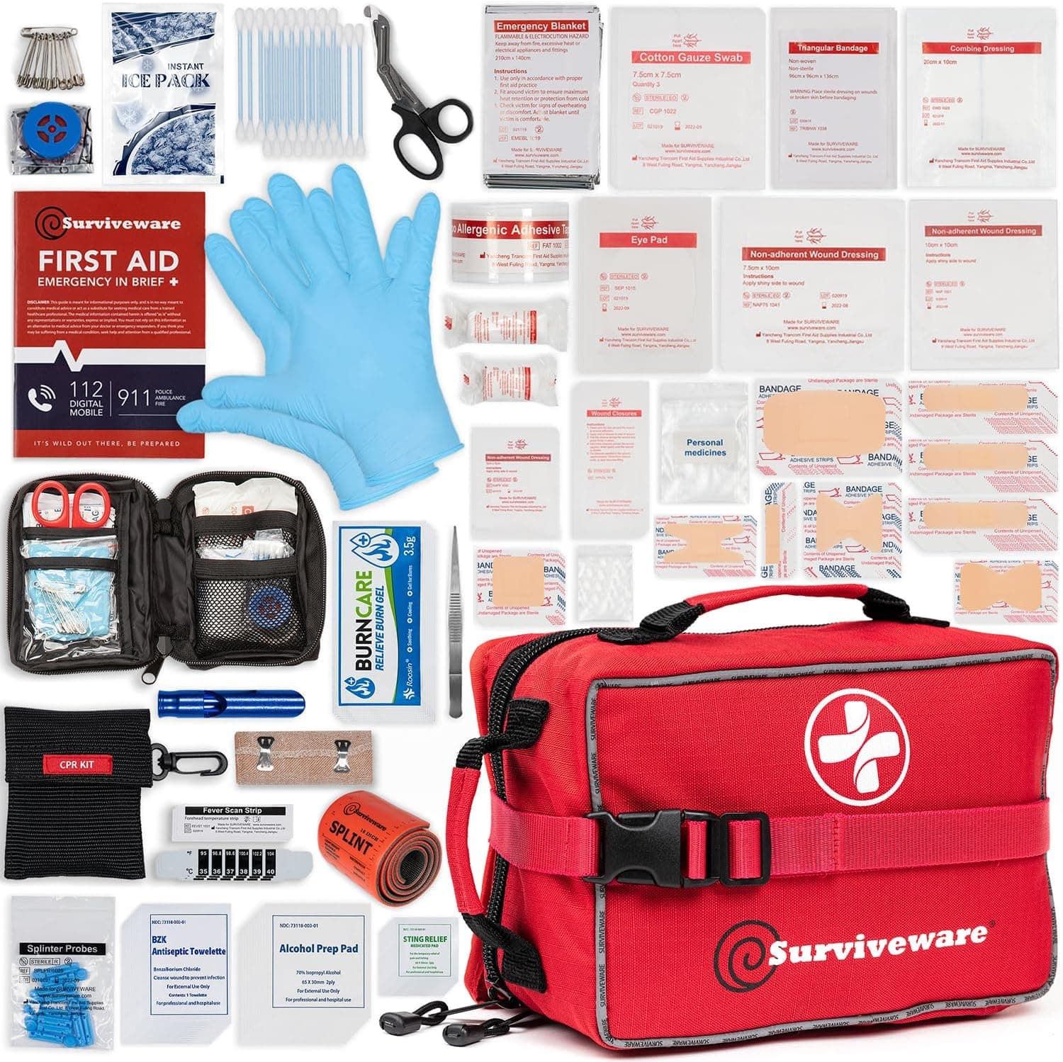 Surviveware 238 Pcs Comprehensive Premium Survival First Aid Kit - Medical Emergency Kit for Travel Camping Gear, Home Essentials & Outdoor Emergencies - Survival Kit