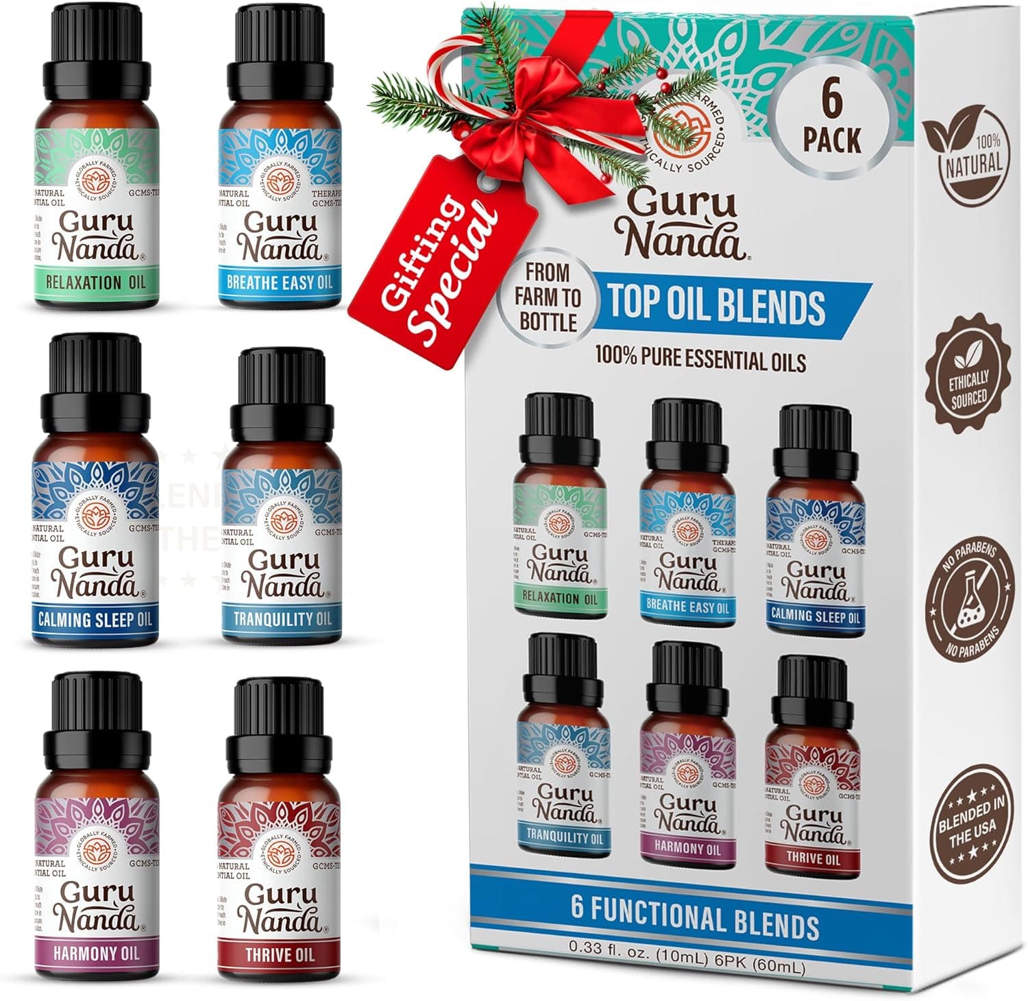 GuruNanda Essential Oil Blends (Set of 6) - Natural Essential Oil Set, Aromatherapy Oil Blends for Diffusers - Breathe Easy, Tranquility, Harmony, Calming Sleep, Relaxation & Thrive