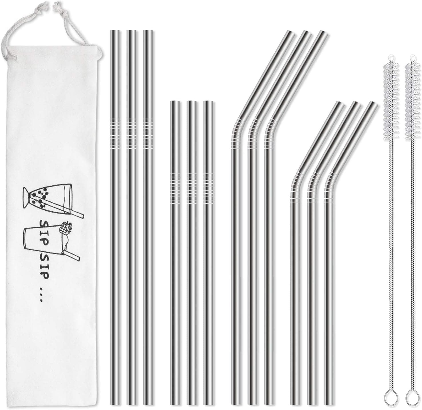 Hiware 12-Pack Reusable Stainless Steel Metal Straws with Case - Long Drinking Straws for 30 oz and 20 oz Tumblers Dishwasher Safe - 2 Cleaning Brushes Included