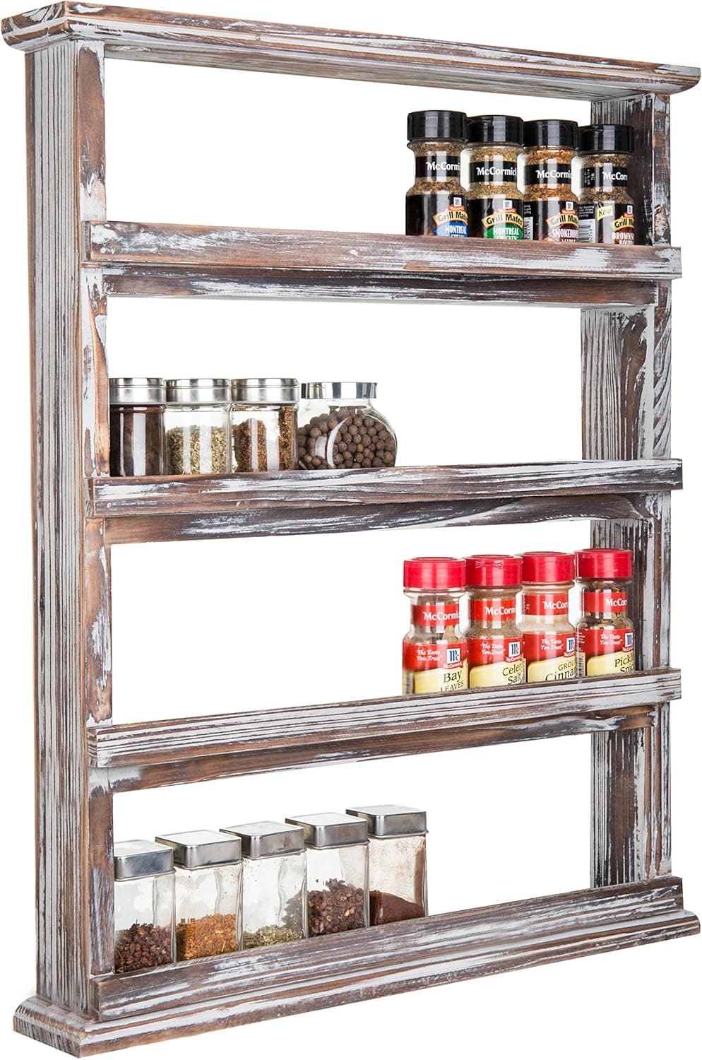 MyGift Wooden Spice Rack Wall Mount, Hanging 4 Tier Seasoning Jar Shelf Pantry Organizer, Vintage Rustic Torched