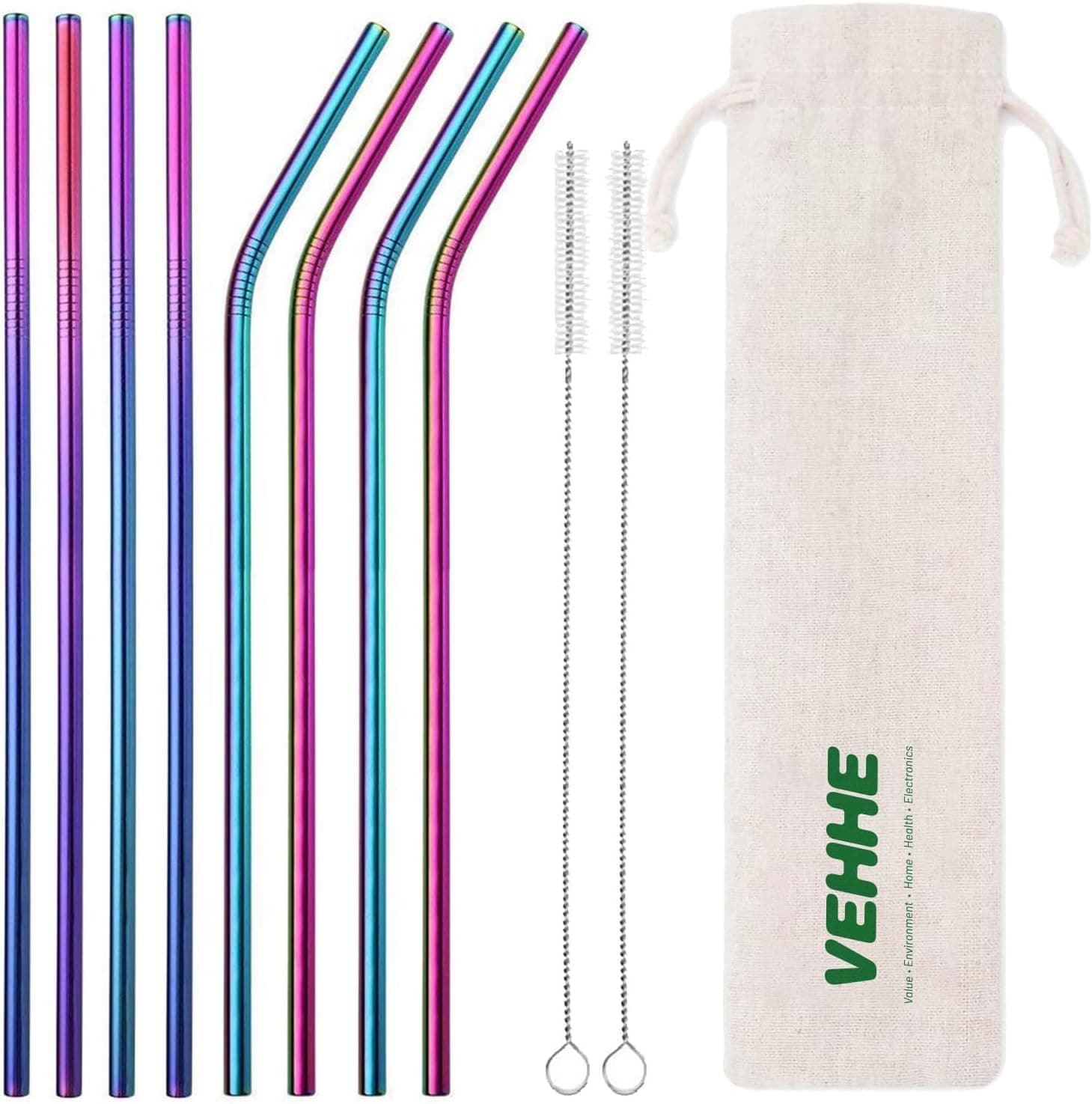 VEHHE Metal Straws Drinking Straws 10.5" Stainless Steel Straws Reusable 8 Set - Ultra Long Rainbow Color-Cleaning Brush for 20/30 Oz for Yeti