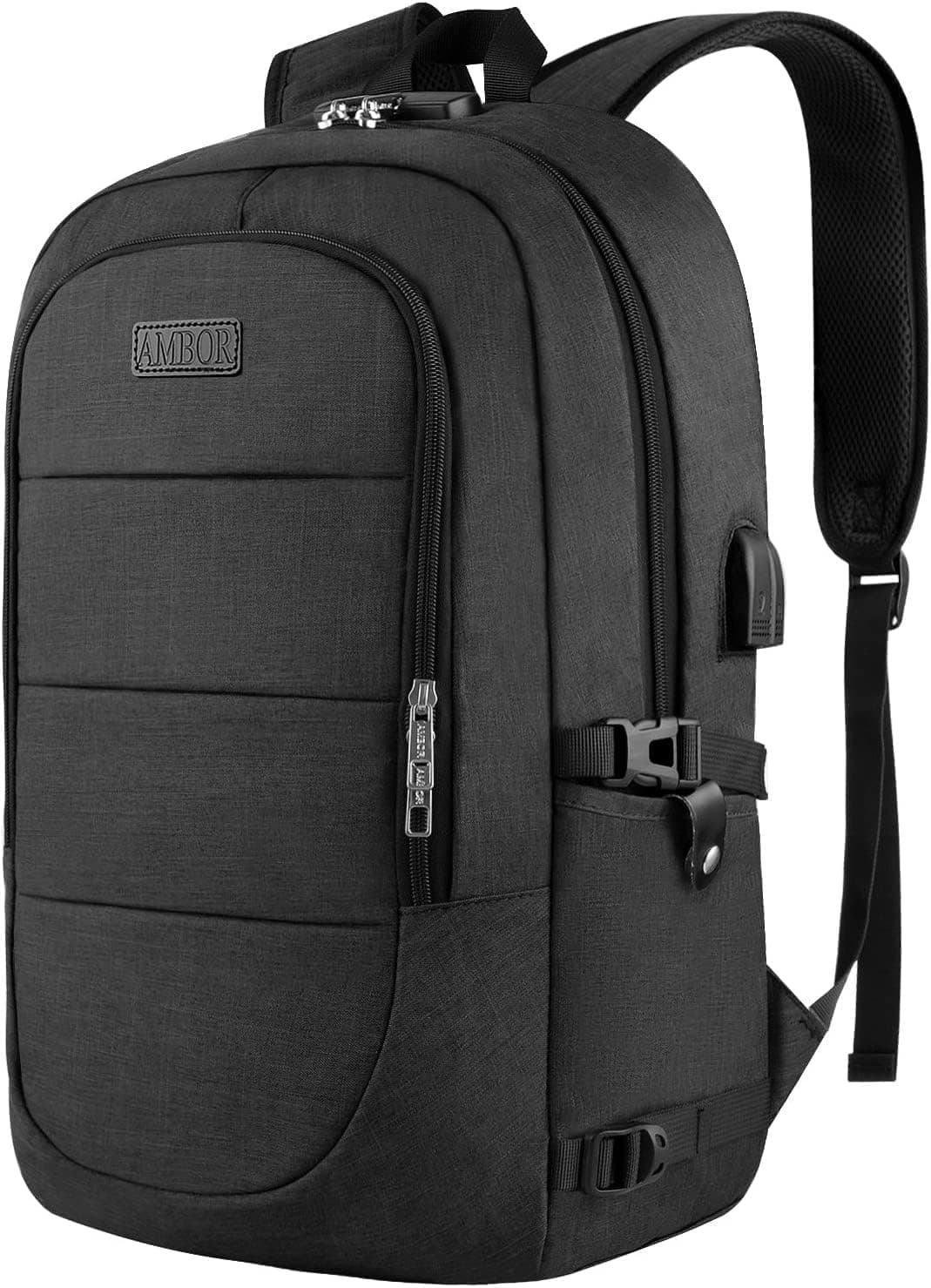 AMBOR Travel Laptop Backpack for Ｍen, 15.6-17.3 inch Laptop Backpack for School, Anti Theft Business Work Backpack with USB Charging Port, Water Resistant College Computer Bag for Men & Women, Black
