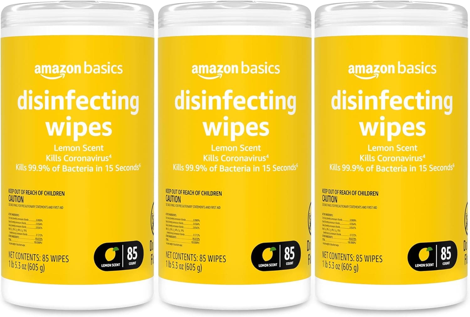 Amazon Basics Disinfecting Wipes, Lemon Scent, Sanitizes/Cleans/Disinfects/Deodorizes, 255 Count (3 Packs of 85)