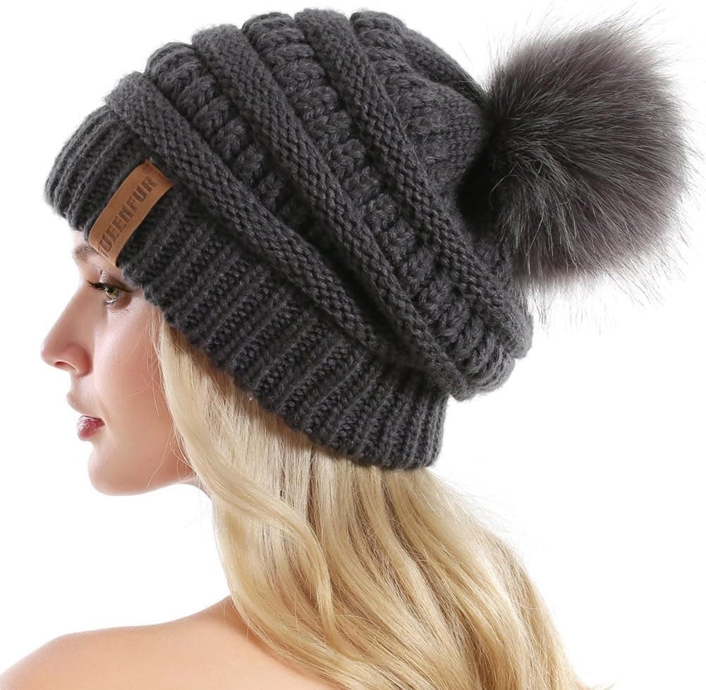 QUEENFUR Women Knit Slouchy Beanie Chunky Baggy Hat with Faux Fur Pompom Winter Soft Warm Ski Cap