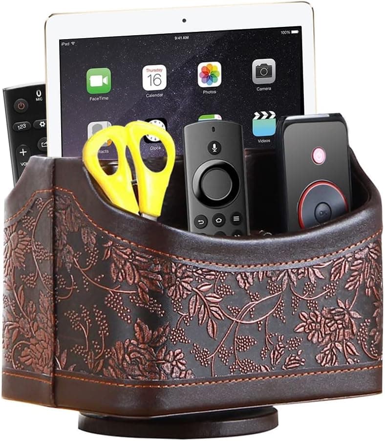 YAPISHI Antique Leather Remote Control Holder, 360 Degree Spinning Desk TV Remote Caddy/Box, Bedside Table Organizer for Controller, Media, Calculator, Mobile Phone and Pen Storage