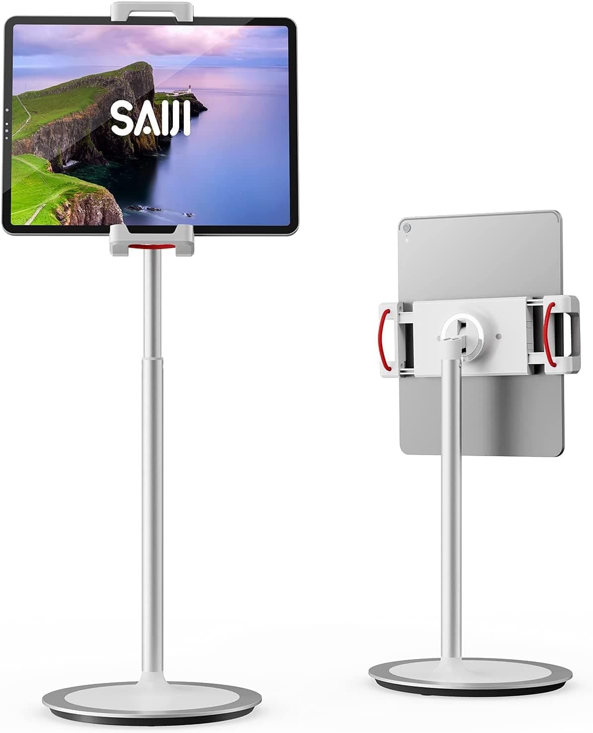 SAIJI Tablet Stand Holder, Extra-Height Adjustable Kindle Stand, 360 Degree Rotating iPad Holder, Aluminum Alloy Cradle Mount Dock for 4.7"-15.6" iPhone, Samsung, Tablets, Portable Monitor (Silver)