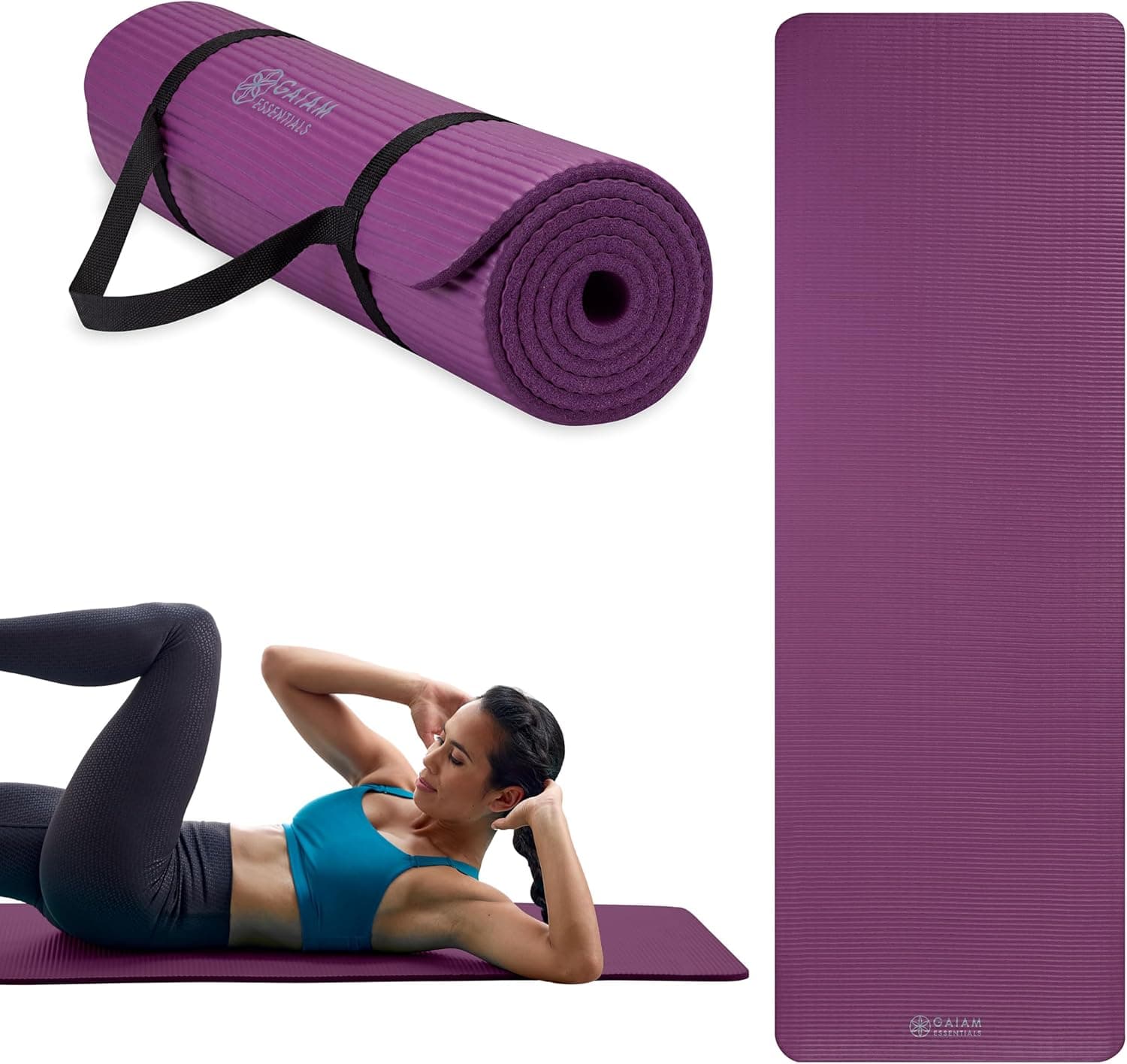 Gaiam Essentials 2/5" Thick (10mm) Yoga & Pilates, Fitness & Exercise Mat with Easy-Cinch Carrier Strap Cushion Support For Fitness and Gym Workouts