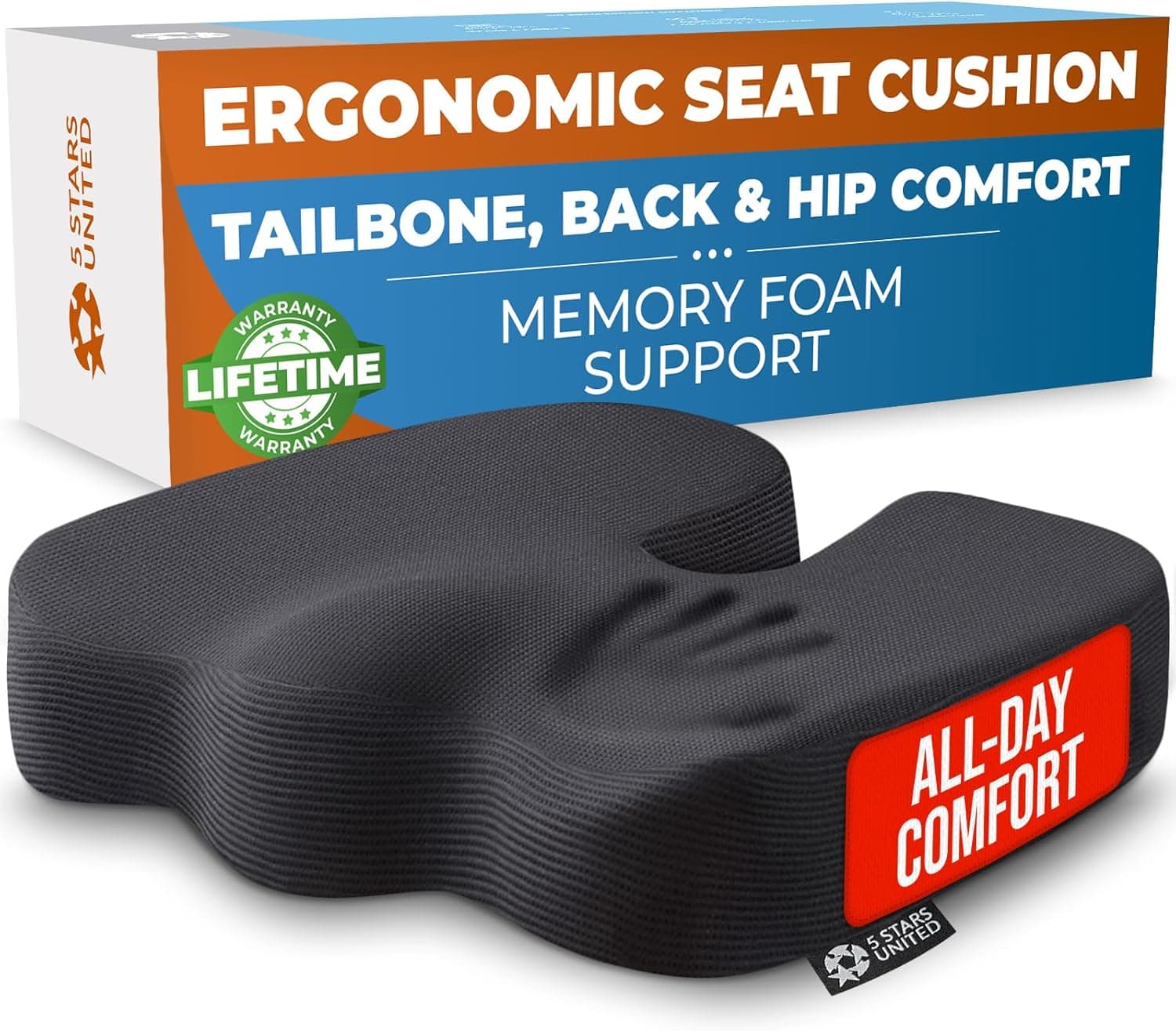 Seat Cushion for Office Chairs - Fits 18"x14" Seats, Tailbone, Coccyx Pain Relief - Butt, Pressure & Sciatica Relief - Gaming, Wheelchair, Car & Desk Pillow, Black