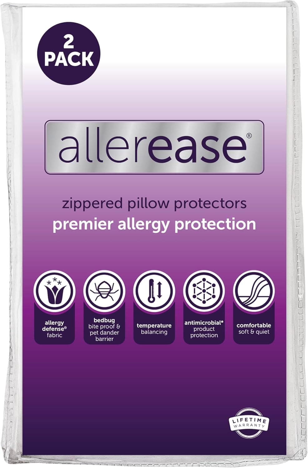 Set of 2 Standard/Queen AllerEase Pillow Protectors - Temperature Balancing, Allergist Recommended - Premium Breathable, Zippered Protectors