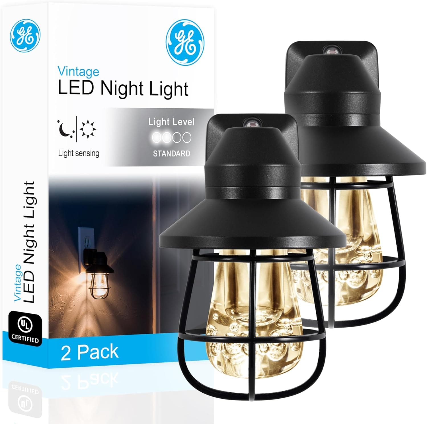 GE Vintage LED Night Light, 2 Pack, Plug-in, Dusk-to-Dawn, Farmhouse Décor, Rustic, UL Listed, Ideal for Bedroom, Nursery, Kitchen, Bathroom, Black Cage, 44737
