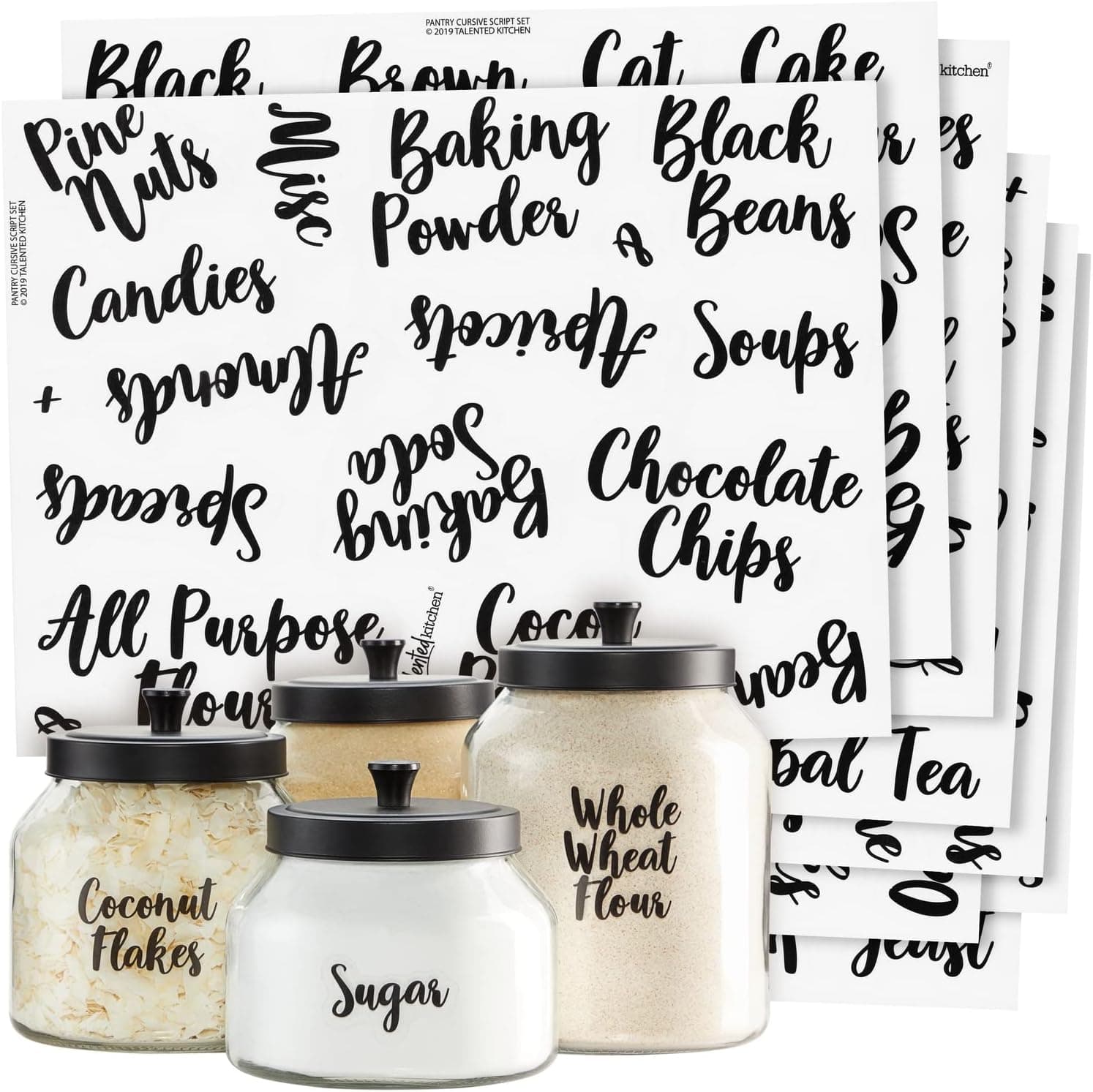 Talented Kitchen Labels for Food Containers - 135 Count, Preprinted Black Cursive on Clear Backing, Water-Resistant - Pantry & Kitchen Storage Labels for Jars & Bins - Easy Peel & Stick