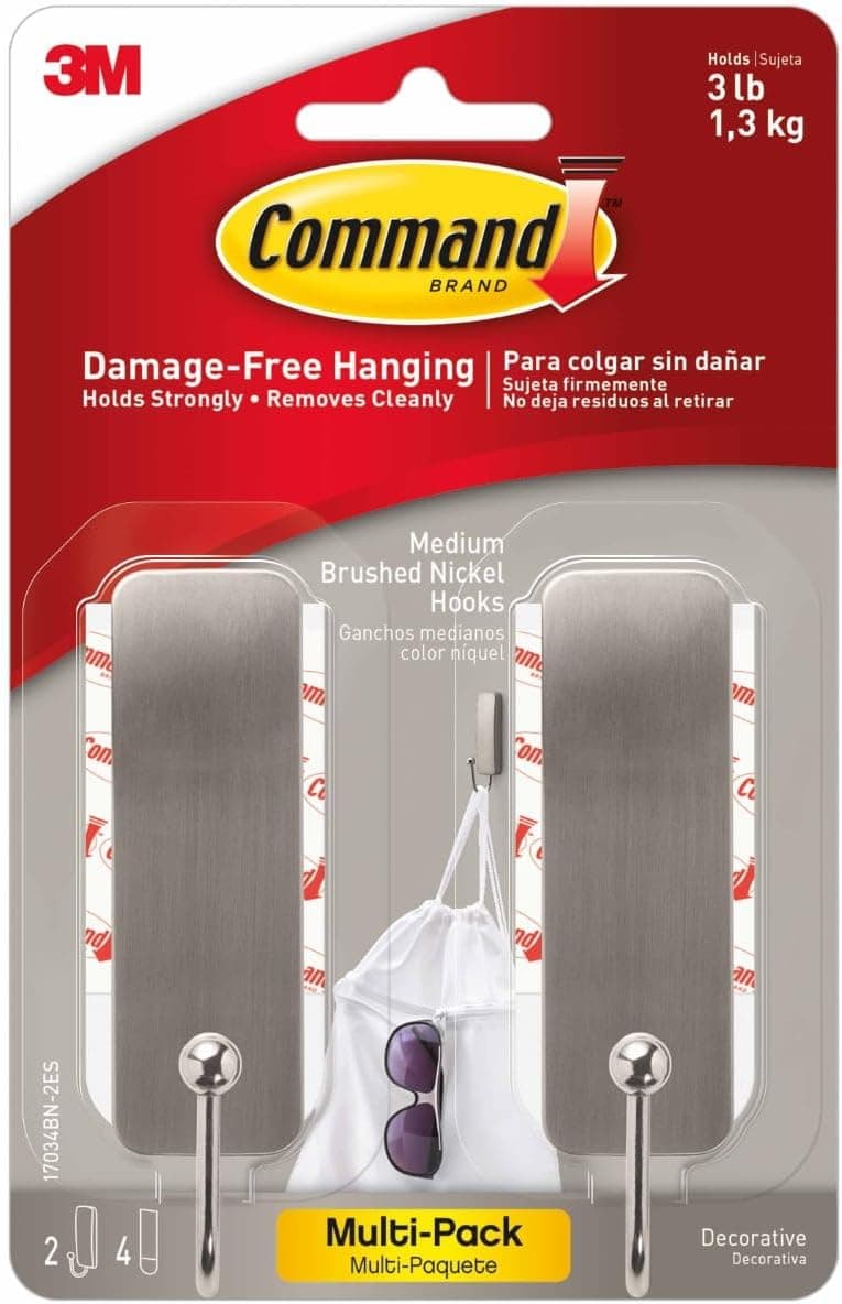 Command Medium Decorative Hooks, Brushed Nickel, 2-Hooks, 4-Strips Per Pack, Decorate Damage-Free
