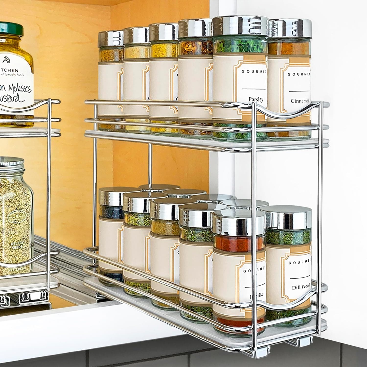 LYNK PROFESSIONAL® Pull Out Spice Rack Organizer for Inside Kitchen Cabinets - 4-3/8 inch Wide - Slide Out Drawer – Chrome Sliding Spice Cabinet Organization Shelf Racks - 2 Tier