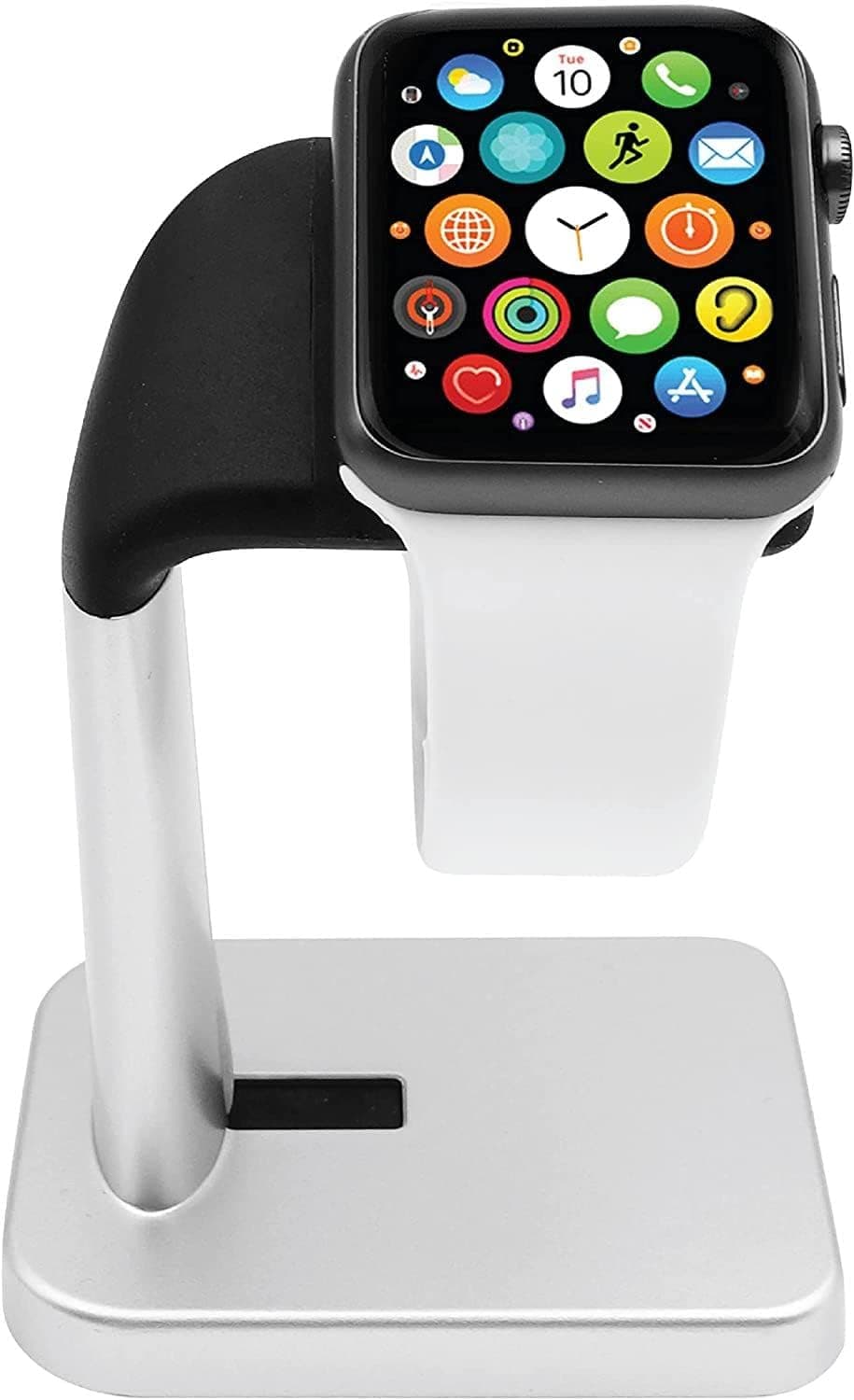Macally Apple Watch Stand for Series Ultra 10 9 8 7 6 5 4 3 2 1 SE (49mm 45mm 44mm 42mm 41mm 40mm 38mm) - Apple Watch Charger Stand Dock Holder - Sleek Desk iWatch Charging Station - Silver